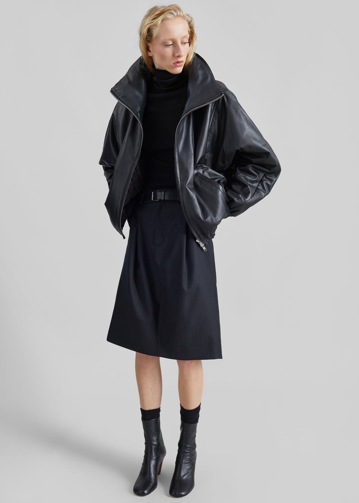 Assissi Leather Funnel Neck Bomber Jacket - Black