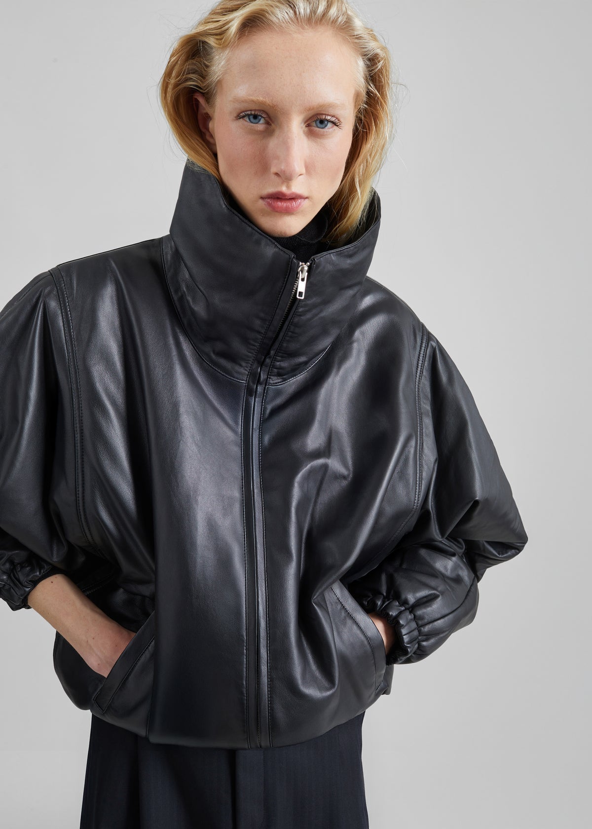 Assissi Leather Funnel Neck Bomber Jacket - Black