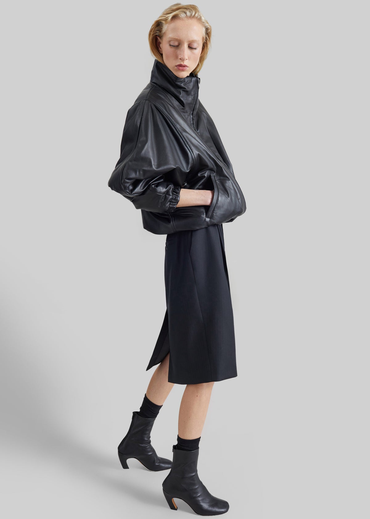 Assissi Leather Funnel Neck Bomber Jacket - Black