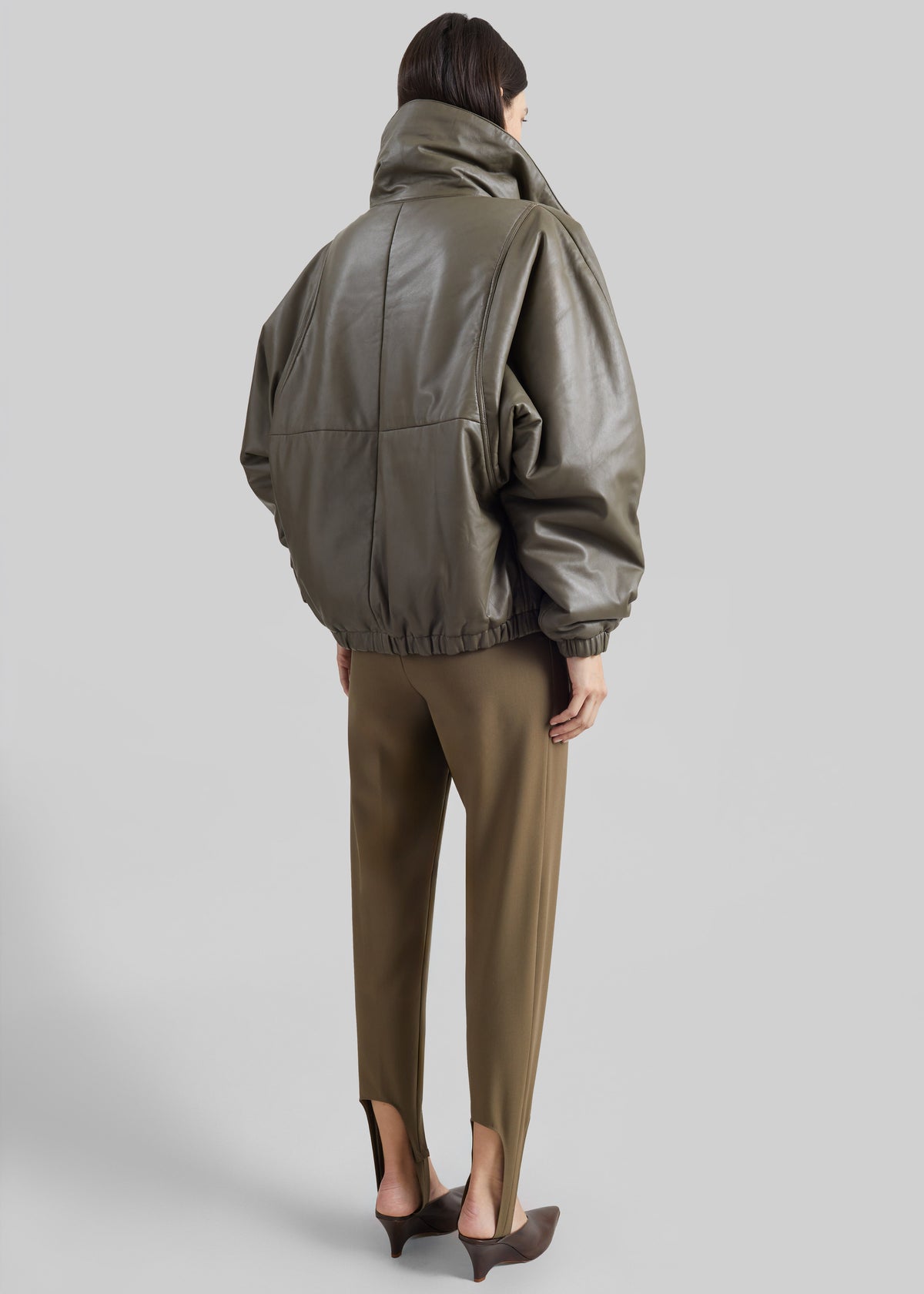 Assissi Leather Funnel Neck Bomber Jacket - Dark Olive