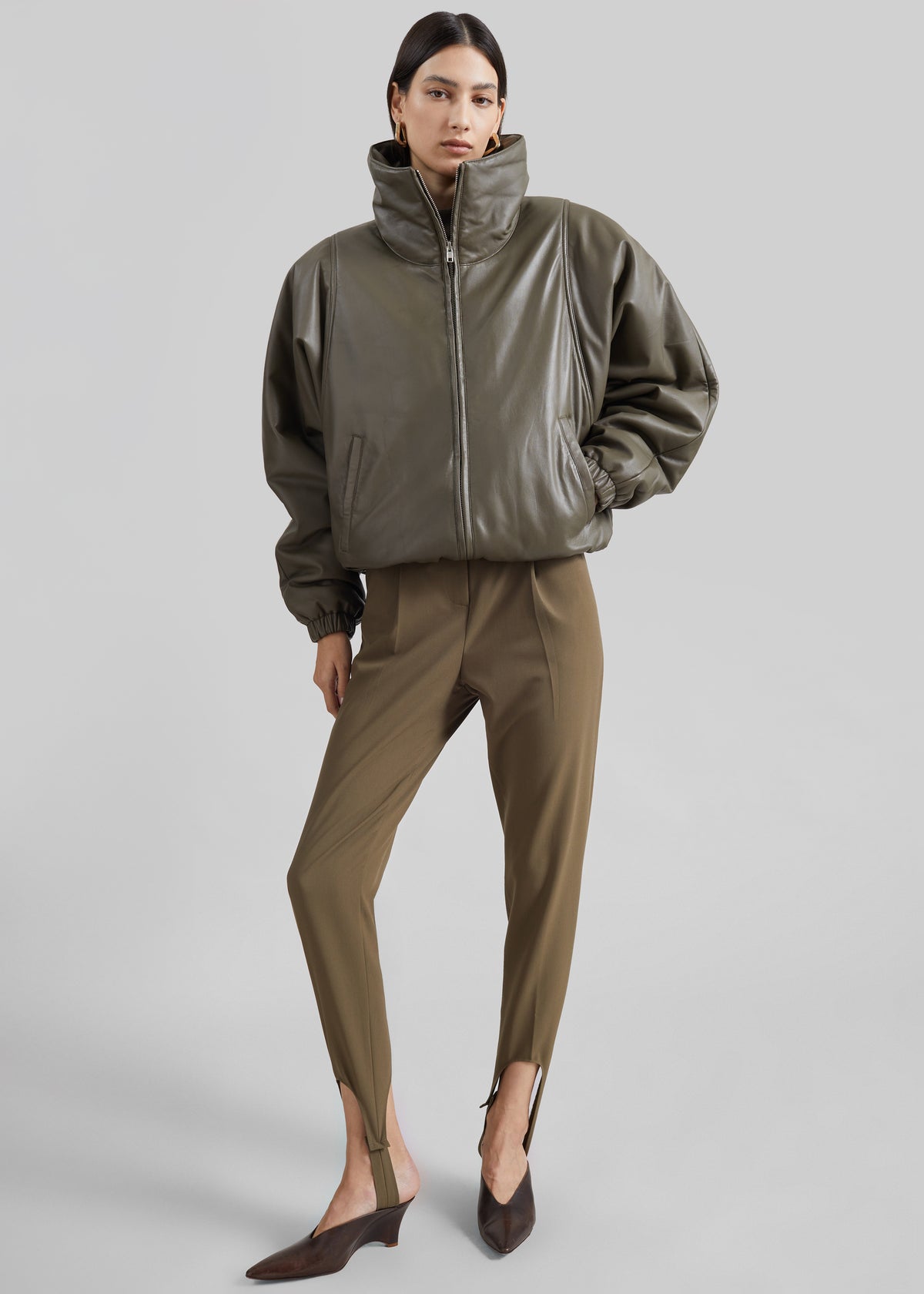 Assissi Leather Funnel Neck Bomber Jacket - Dark Olive