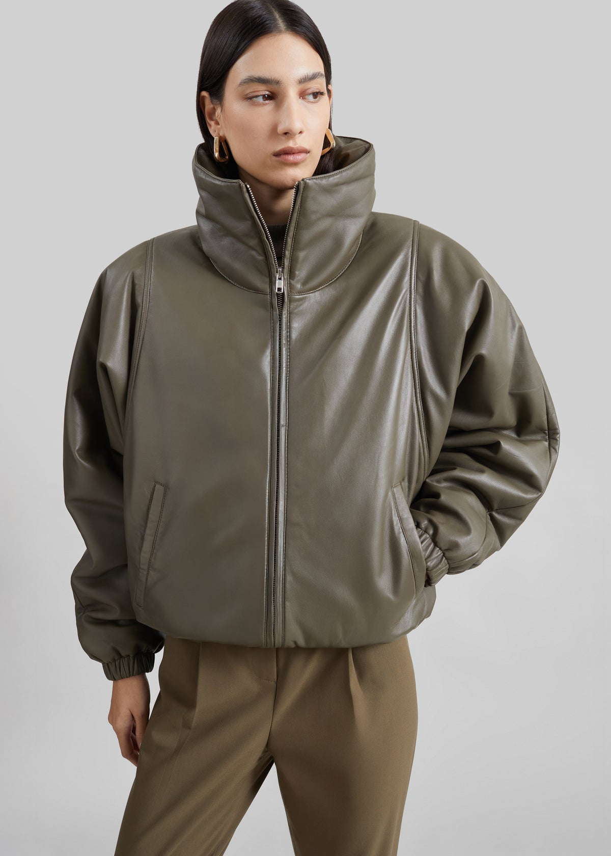 Assissi Leather Funnel Neck Bomber Jacket - Dark Olive