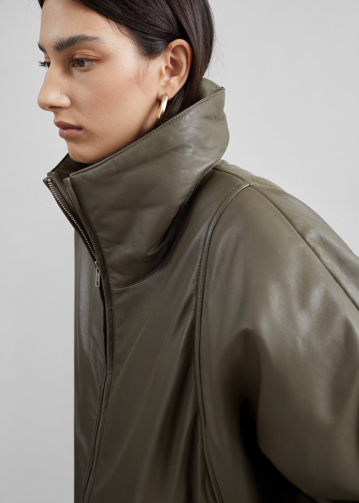 Assissi Leather Funnel Neck Bomber Jacket - Dark Olive