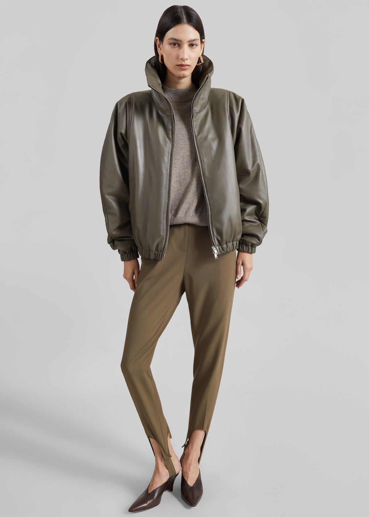 Assissi Leather Funnel Neck Bomber Jacket - Dark Olive