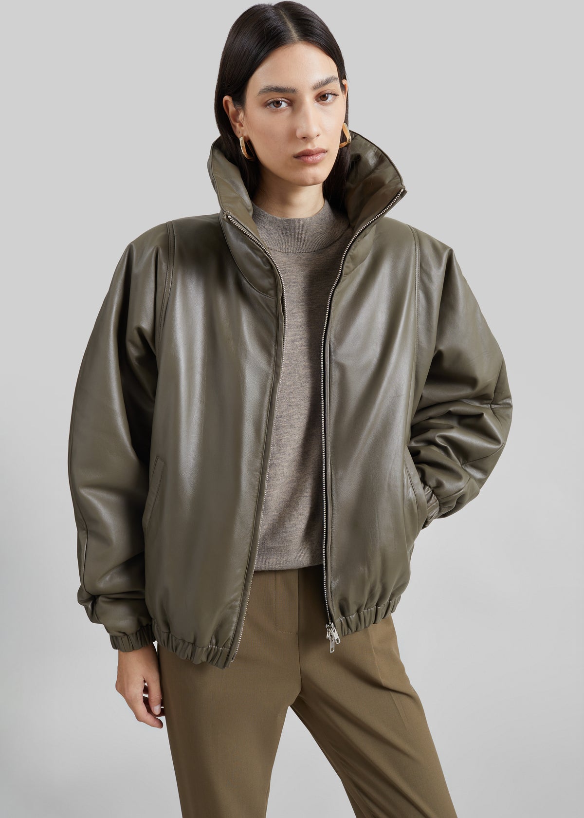 Assissi Leather Funnel Neck Bomber Jacket - Dark Olive