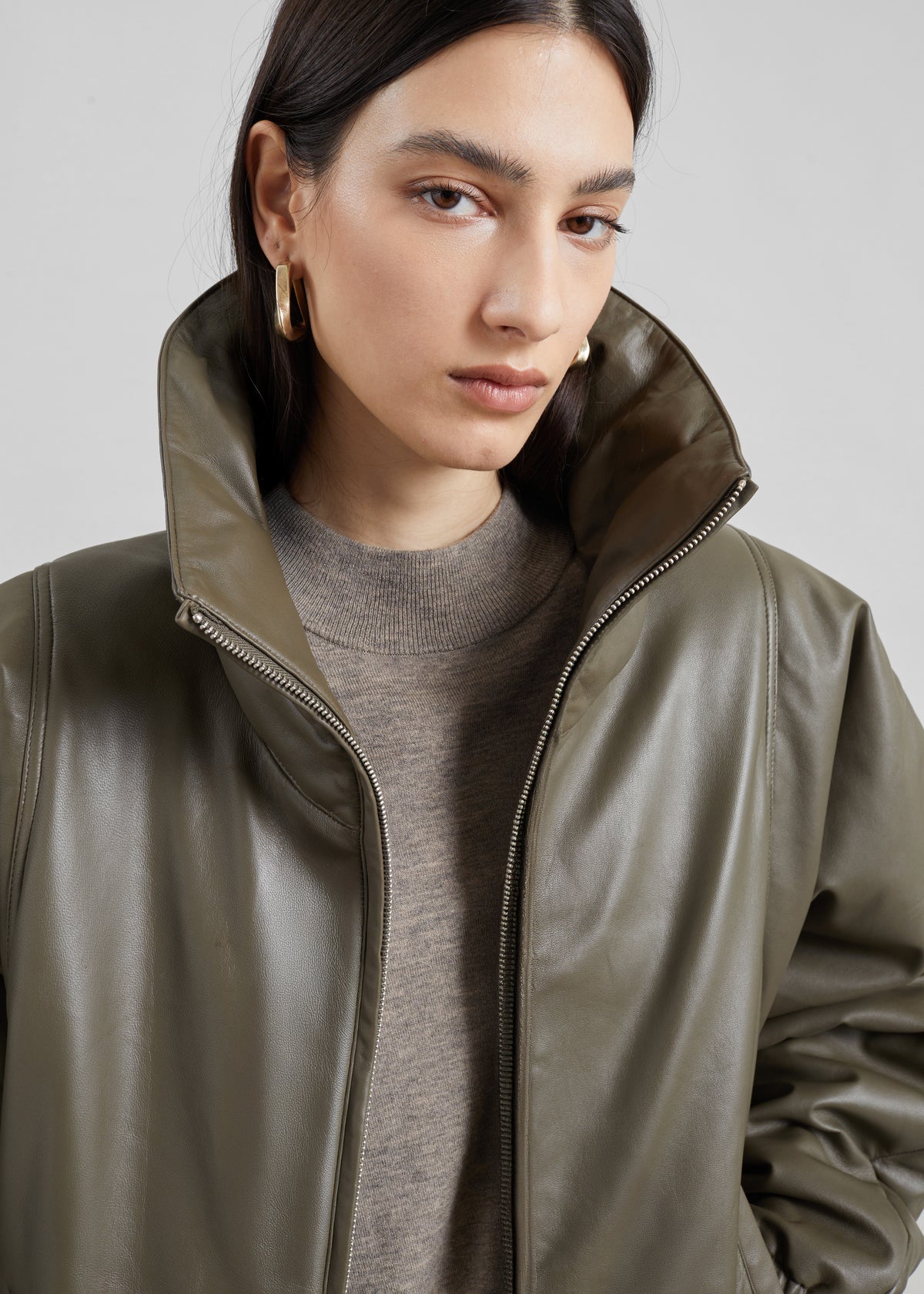 Assissi Leather Funnel Neck Bomber Jacket - Dark Olive