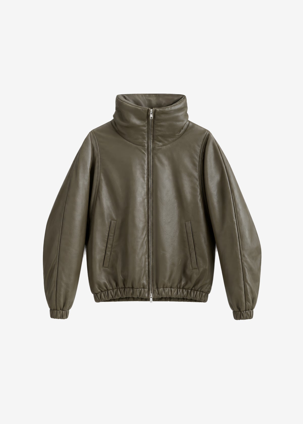 Assissi Leather Funnel Neck Bomber Jacket - Dark Olive
