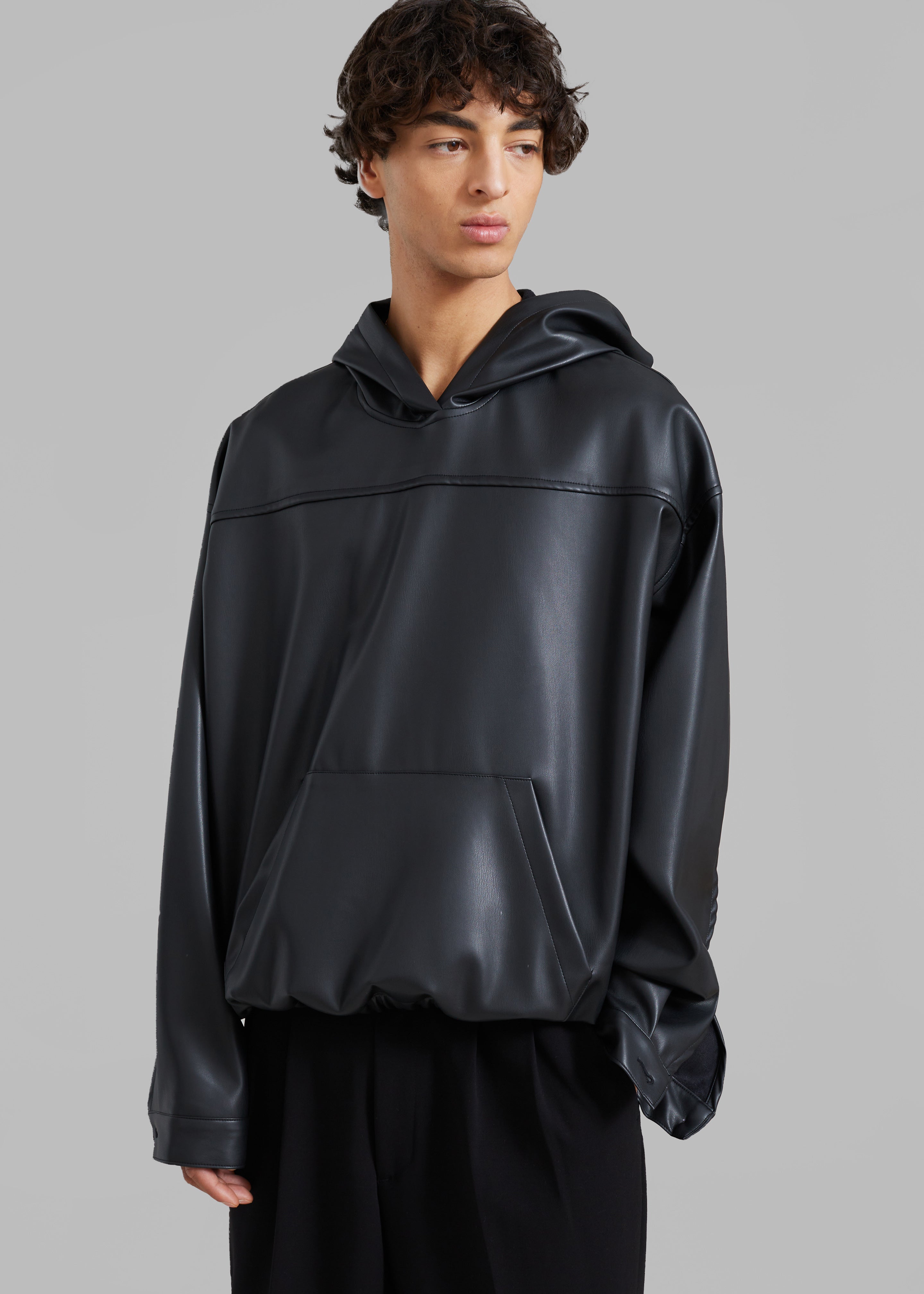 Aston Faux Leather Hooded Pullover - Black - 11