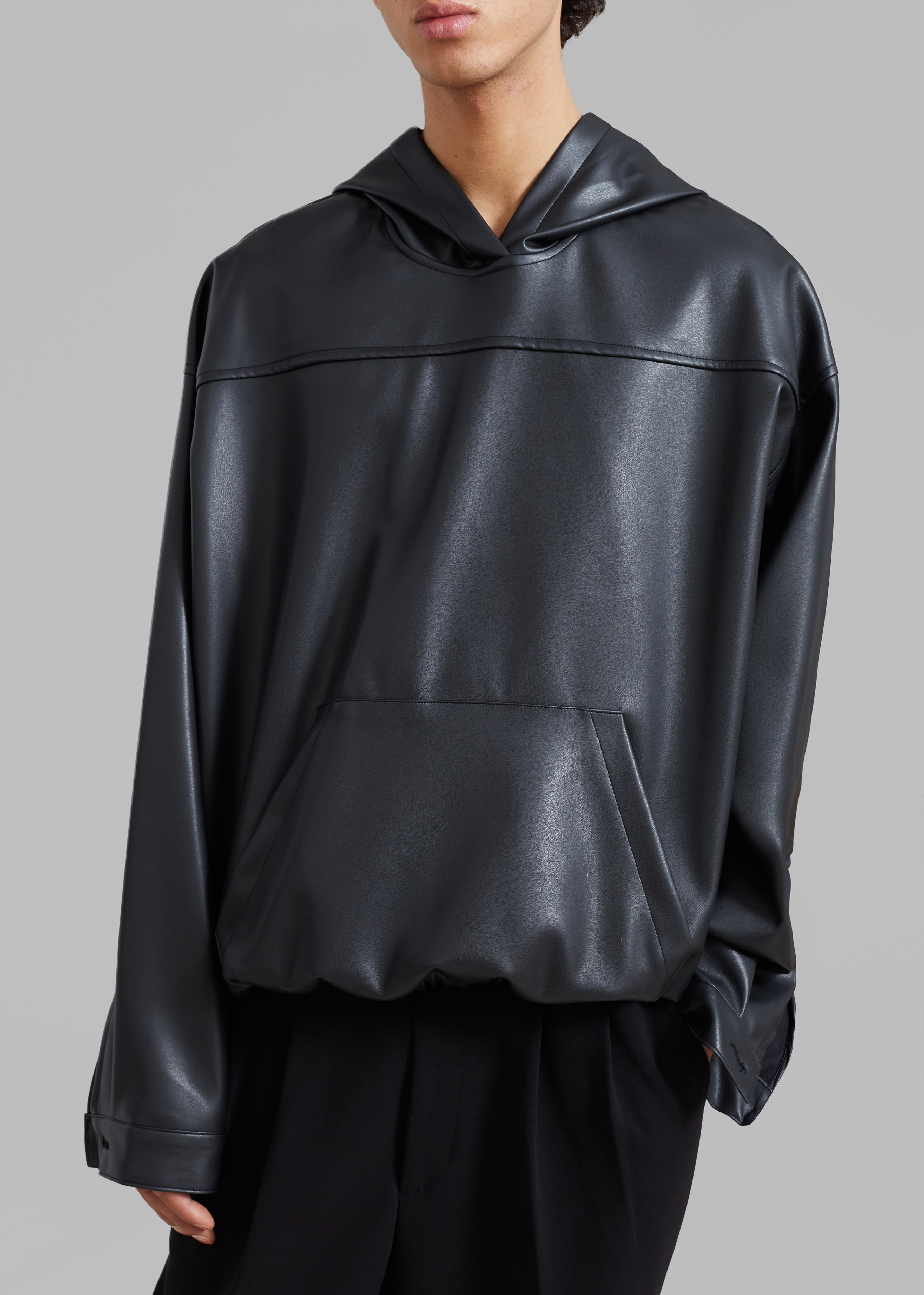 Aston Faux Leather Hooded Pullover - Black - 8