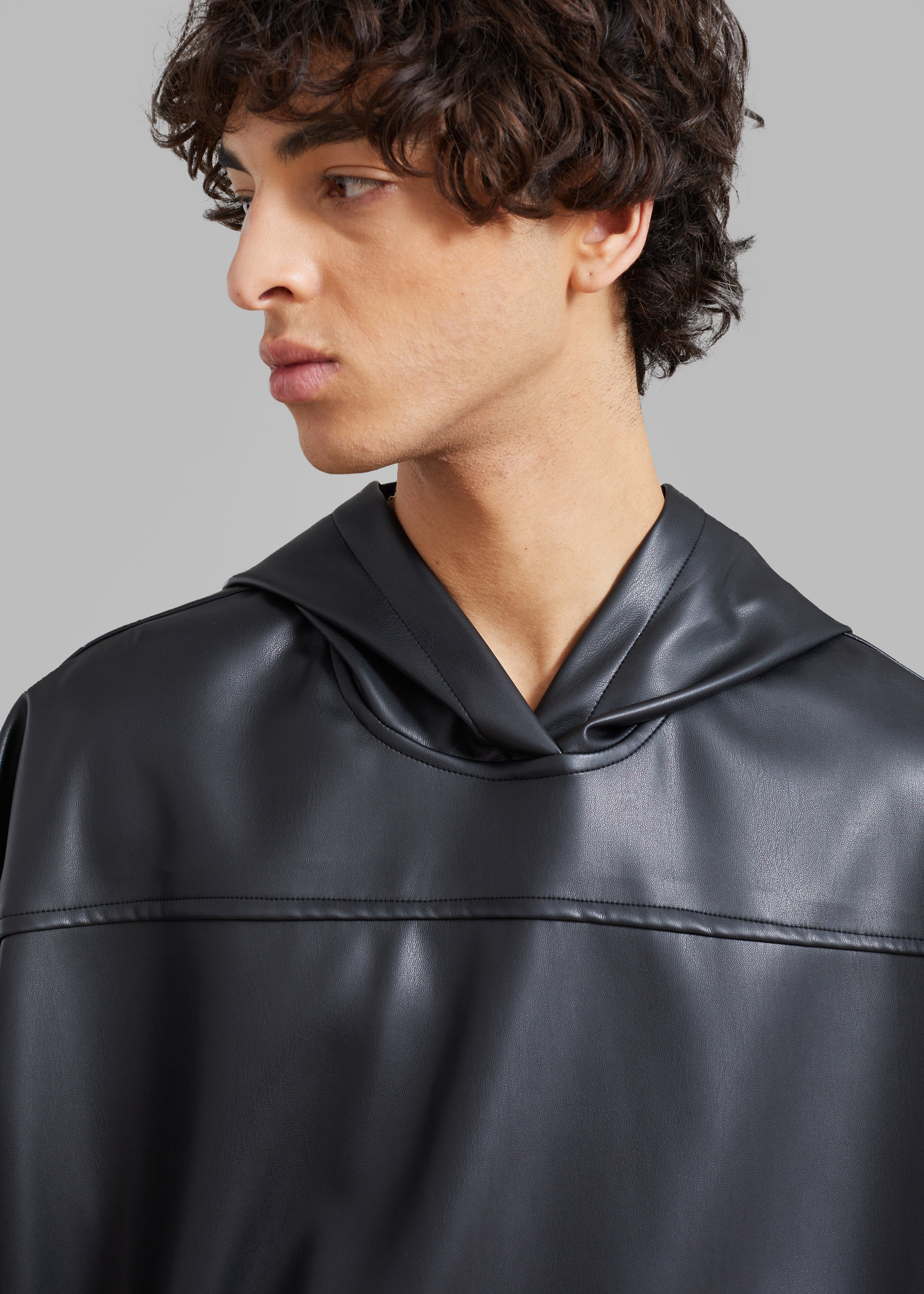 Aston Faux Leather Hooded Pullover - Black - 5