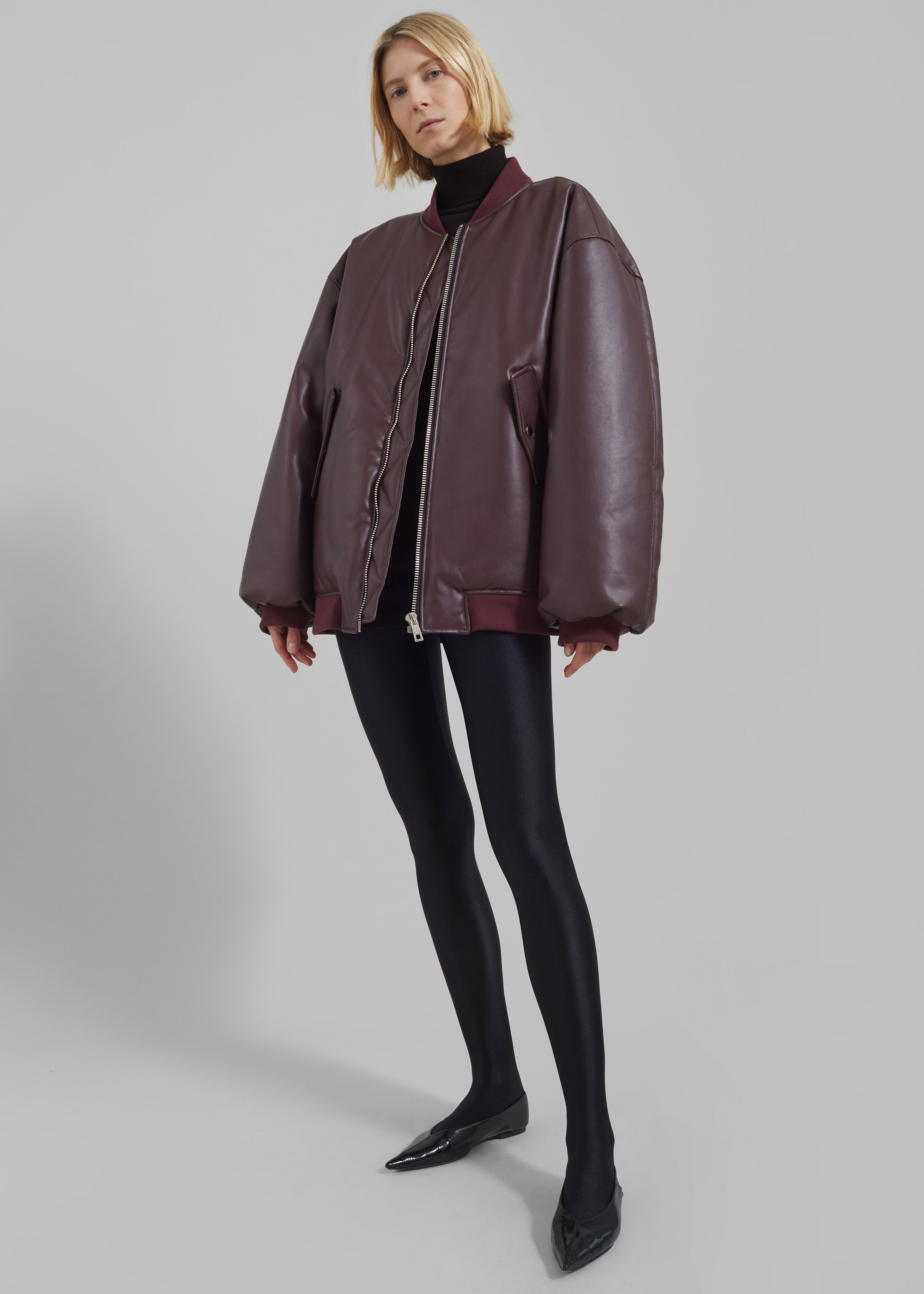 Astra Faux Leather Bomber Jacket - Burgundy - 6