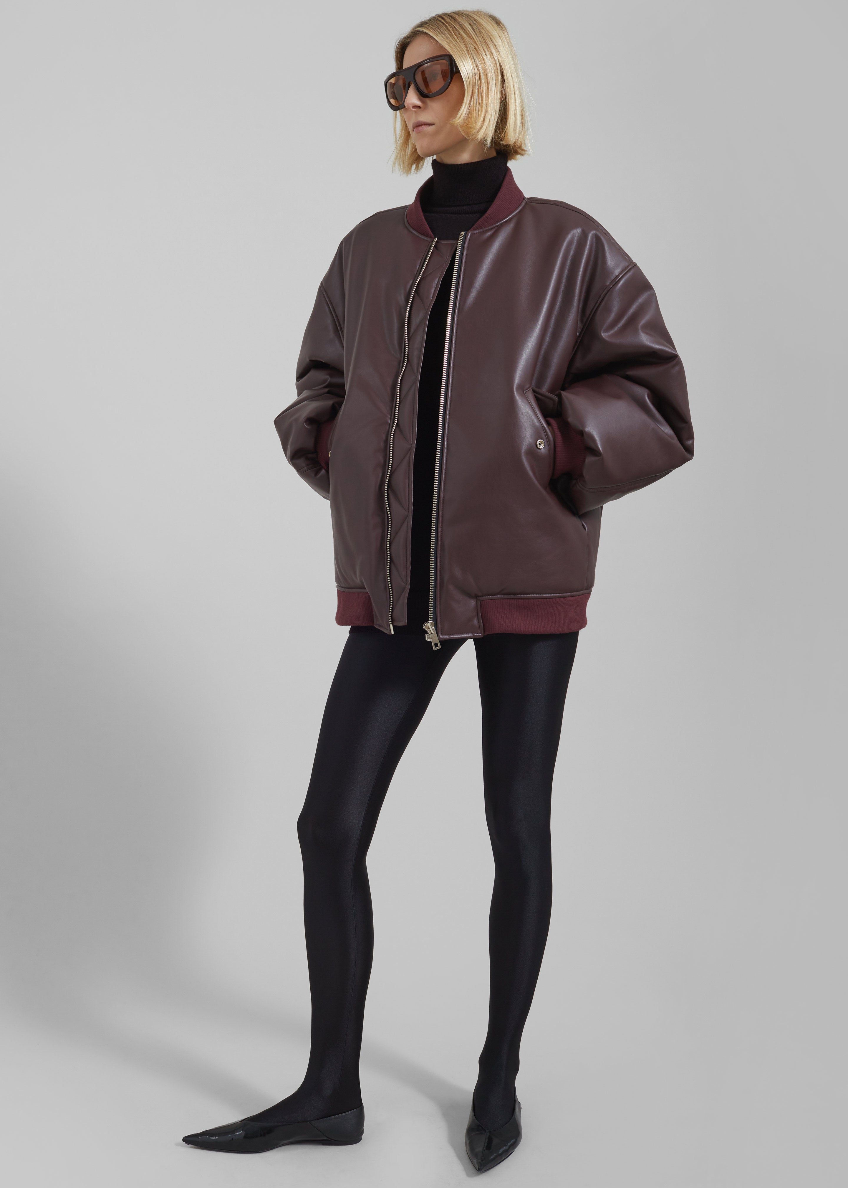 Astra Faux Leather Bomber Jacket - Burgundy - 1