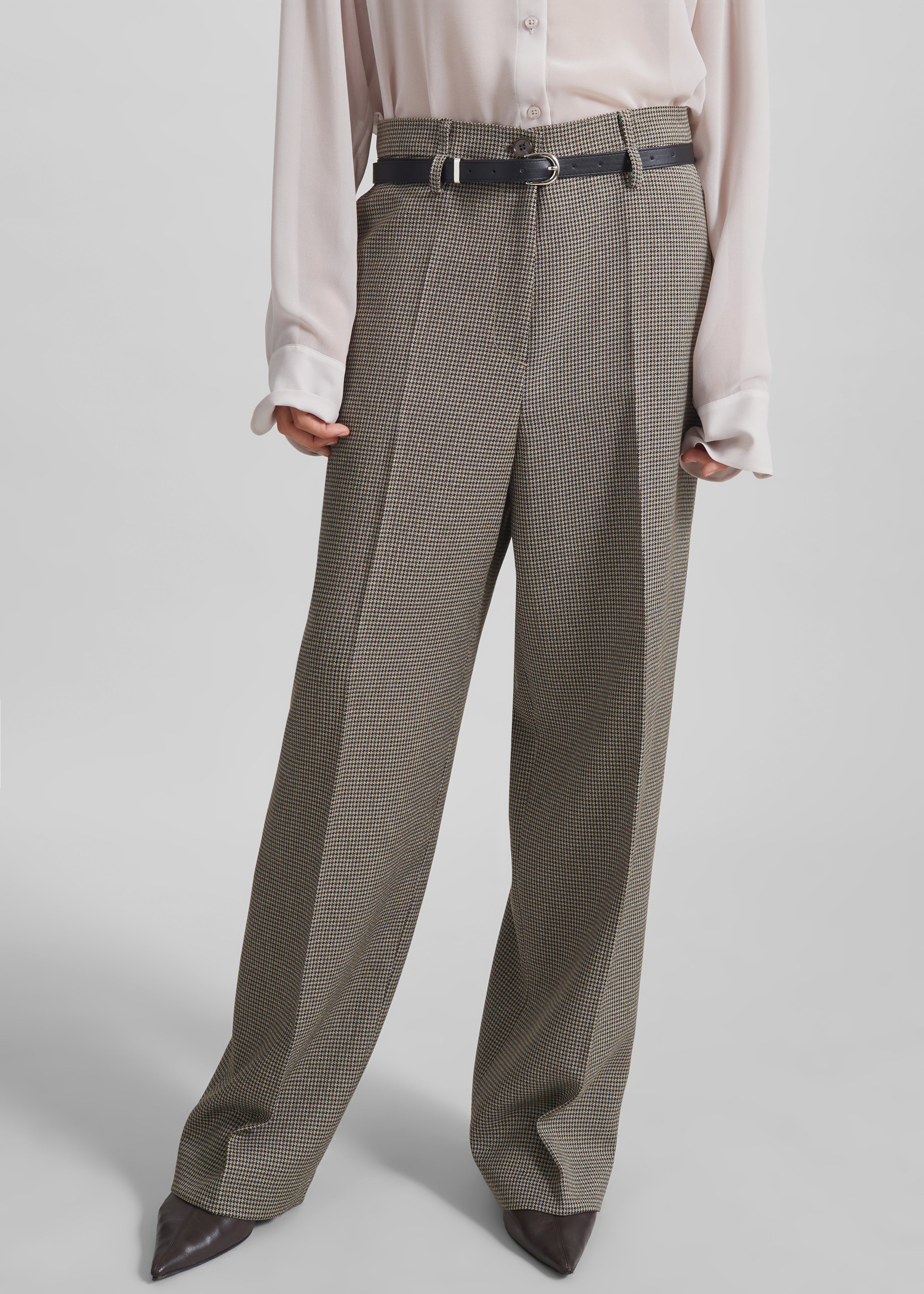 Aubel Belted Straight Pants - Black Houndstooth - 1