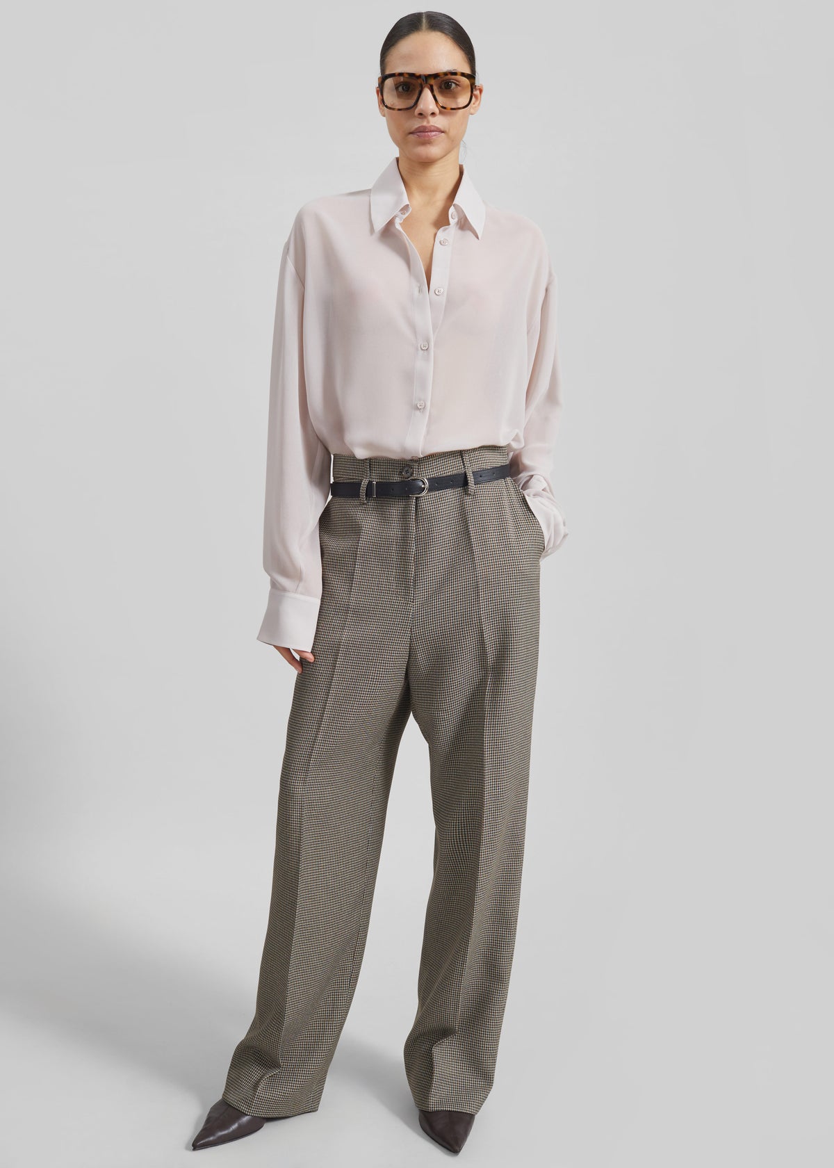 Aubel Belted Straight Pants - Black Houndstooth - 4