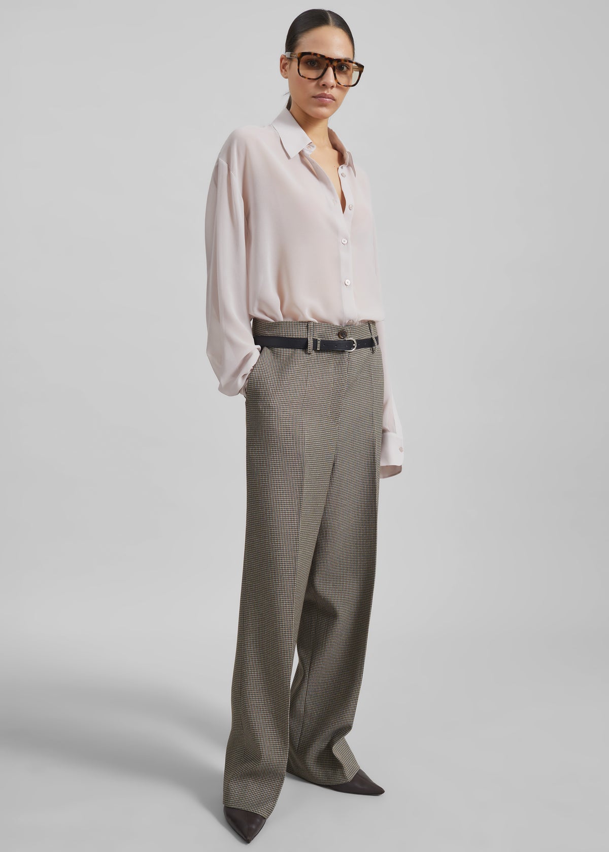 Aubel Belted Straight Pants - Black Houndstooth - 5