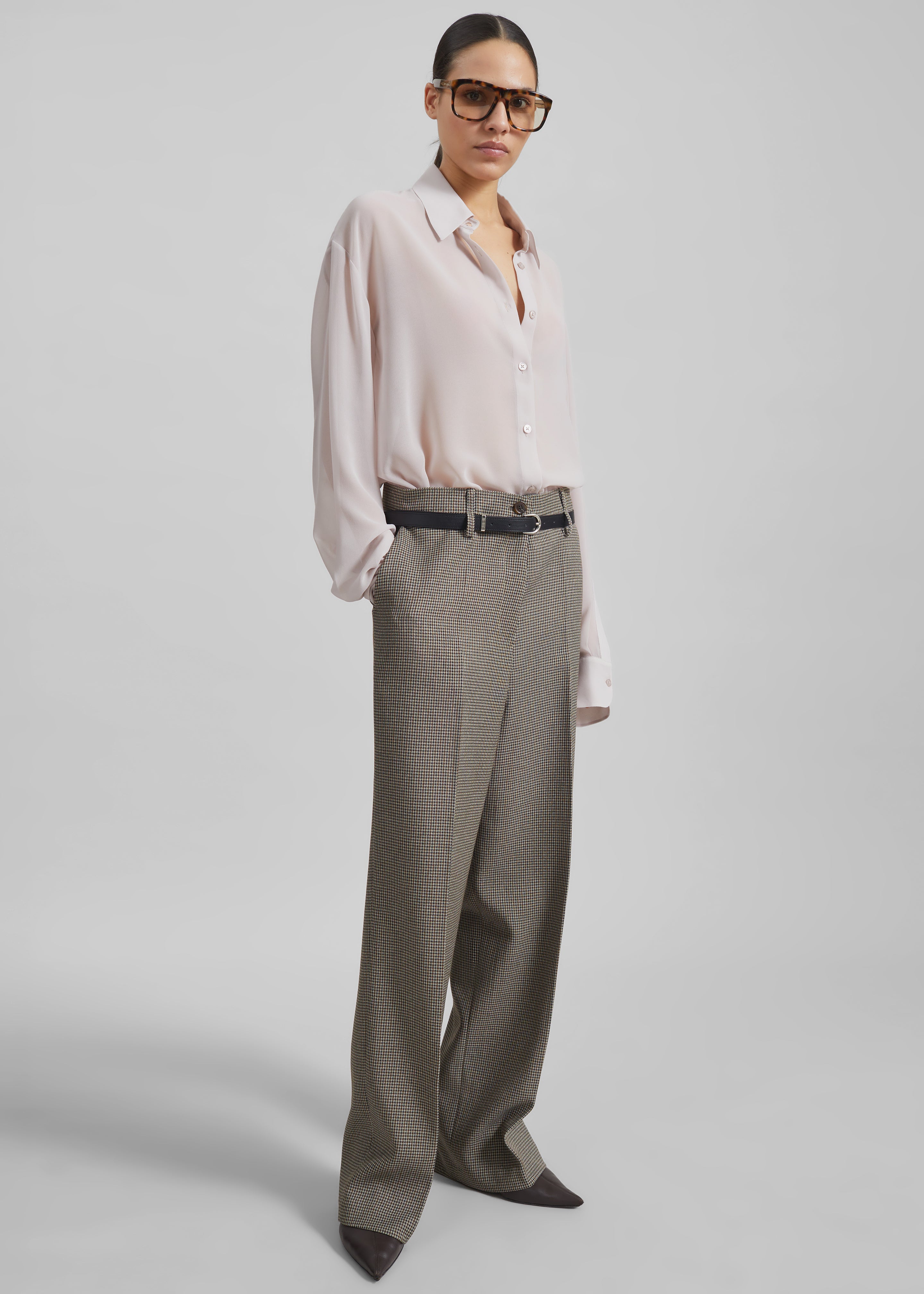 Aubel Belted Straight Pants - Black Houndstooth - 5