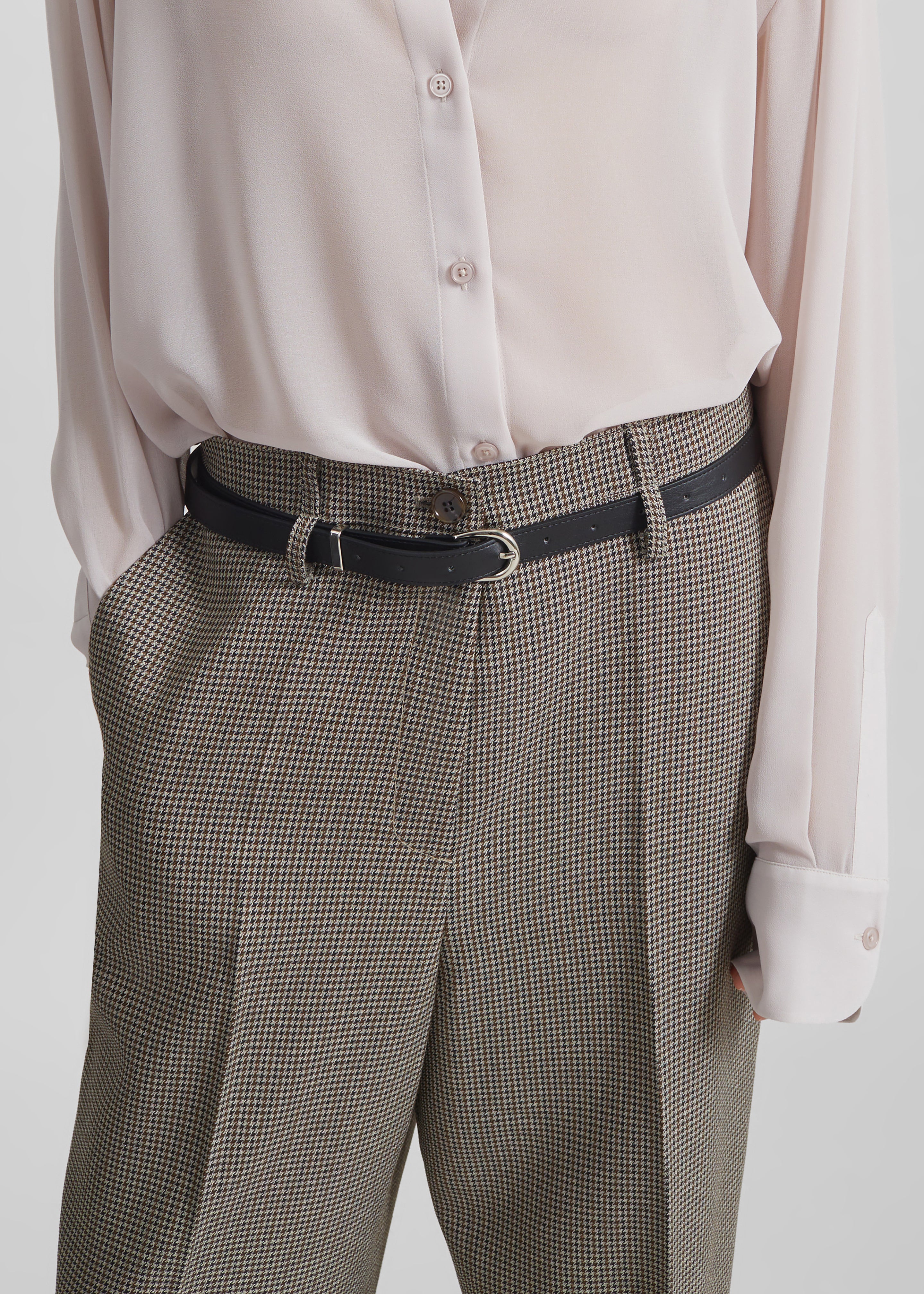 Aubel Belted Straight Pants - Black Houndstooth - 2