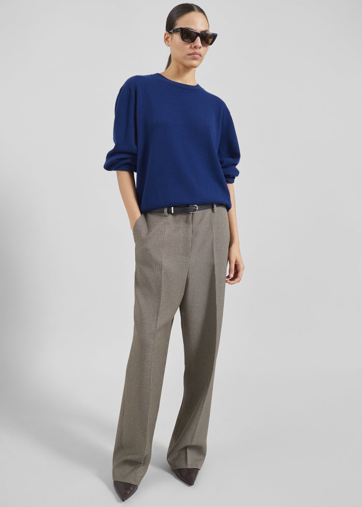 Aubel Belted Straight Pants - Black Houndstooth - 3