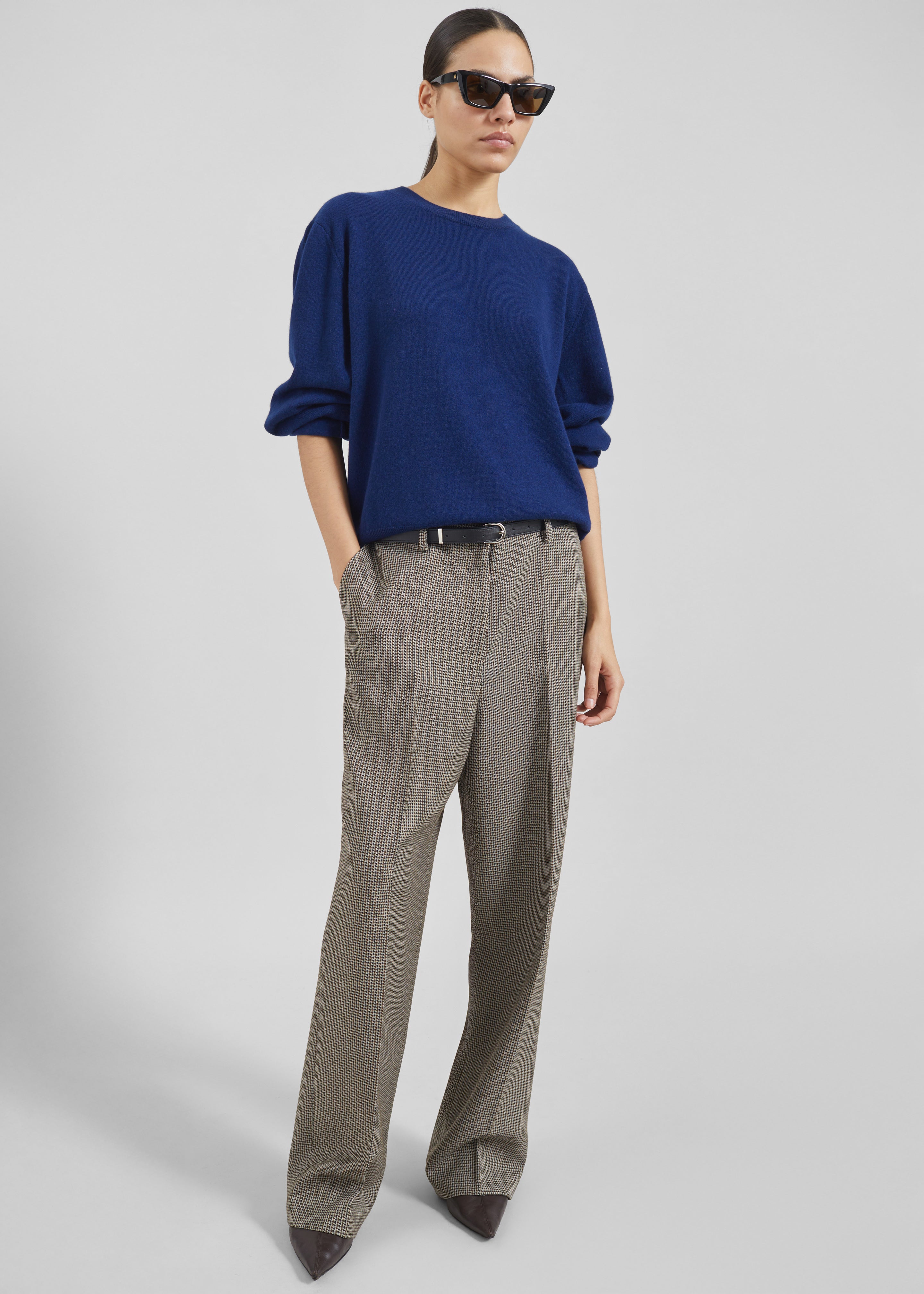 Aubel Belted Straight Pants - Black Houndstooth - 3