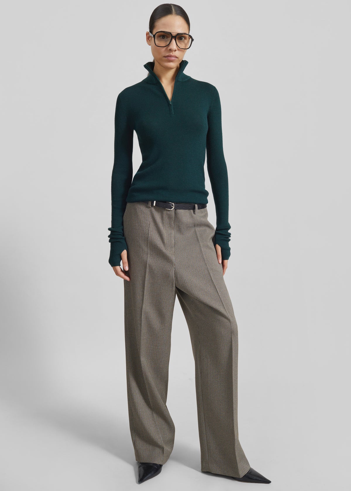 Aubel Belted Straight Pants - Black Houndstooth - 6