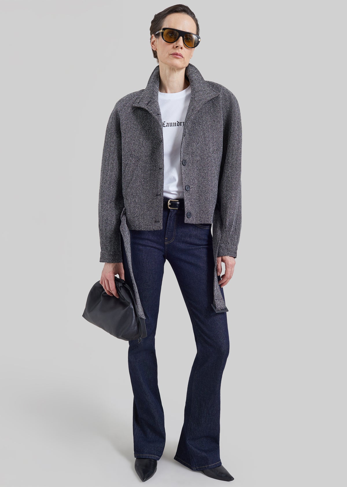 Aubin Herringbone Belted Jacket - Black Melange