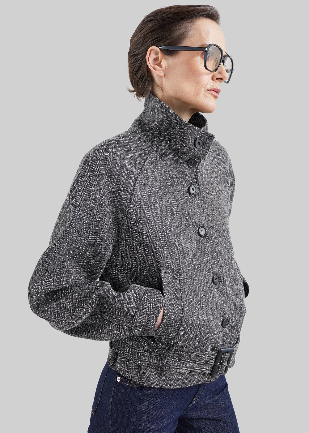 Aubin Herringbone Belted Jacket - Black Melange - 1