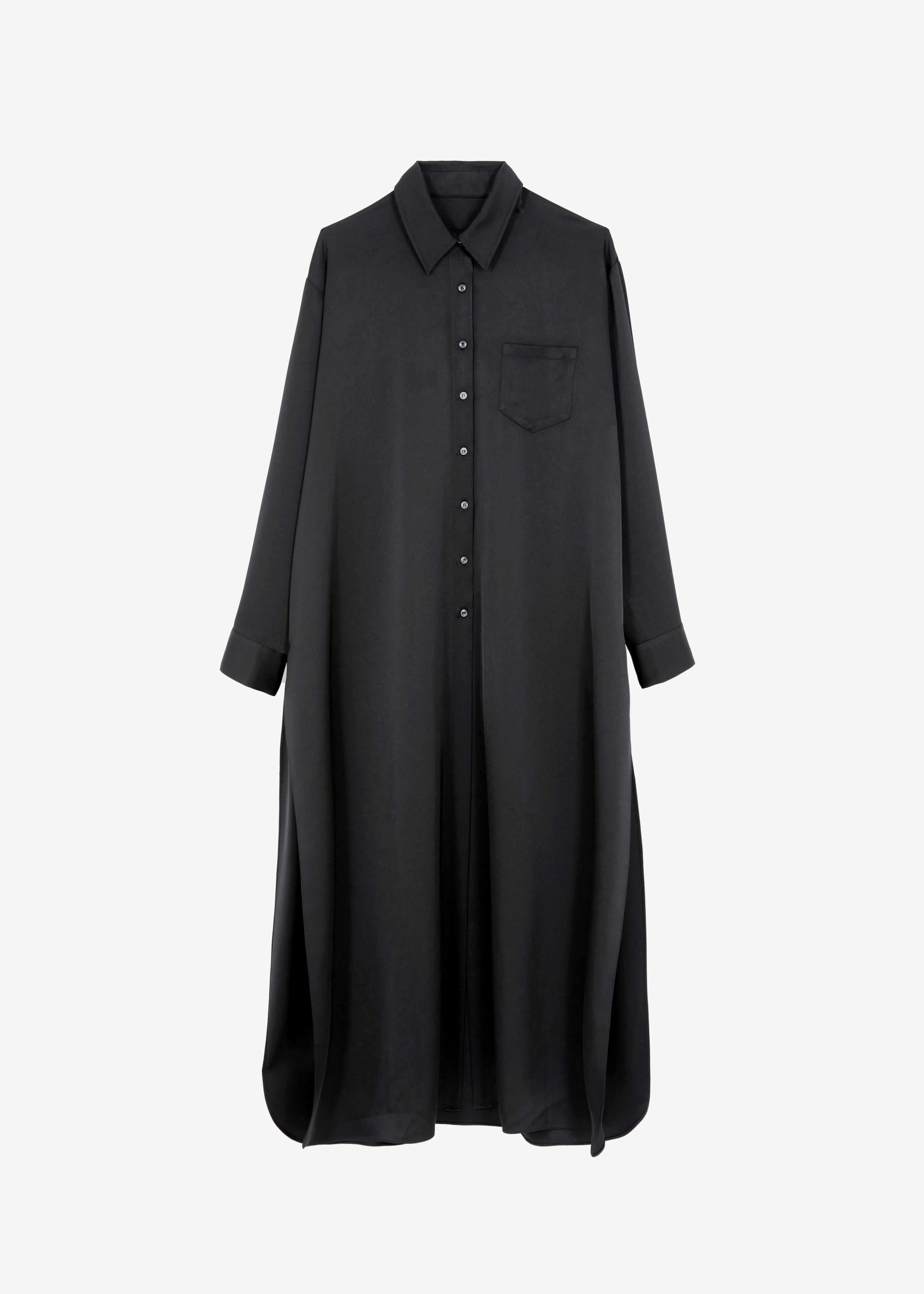 Avery Satin Shirt Dress - Black - 14