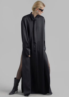 Avery Satin Shirt Dress - Black