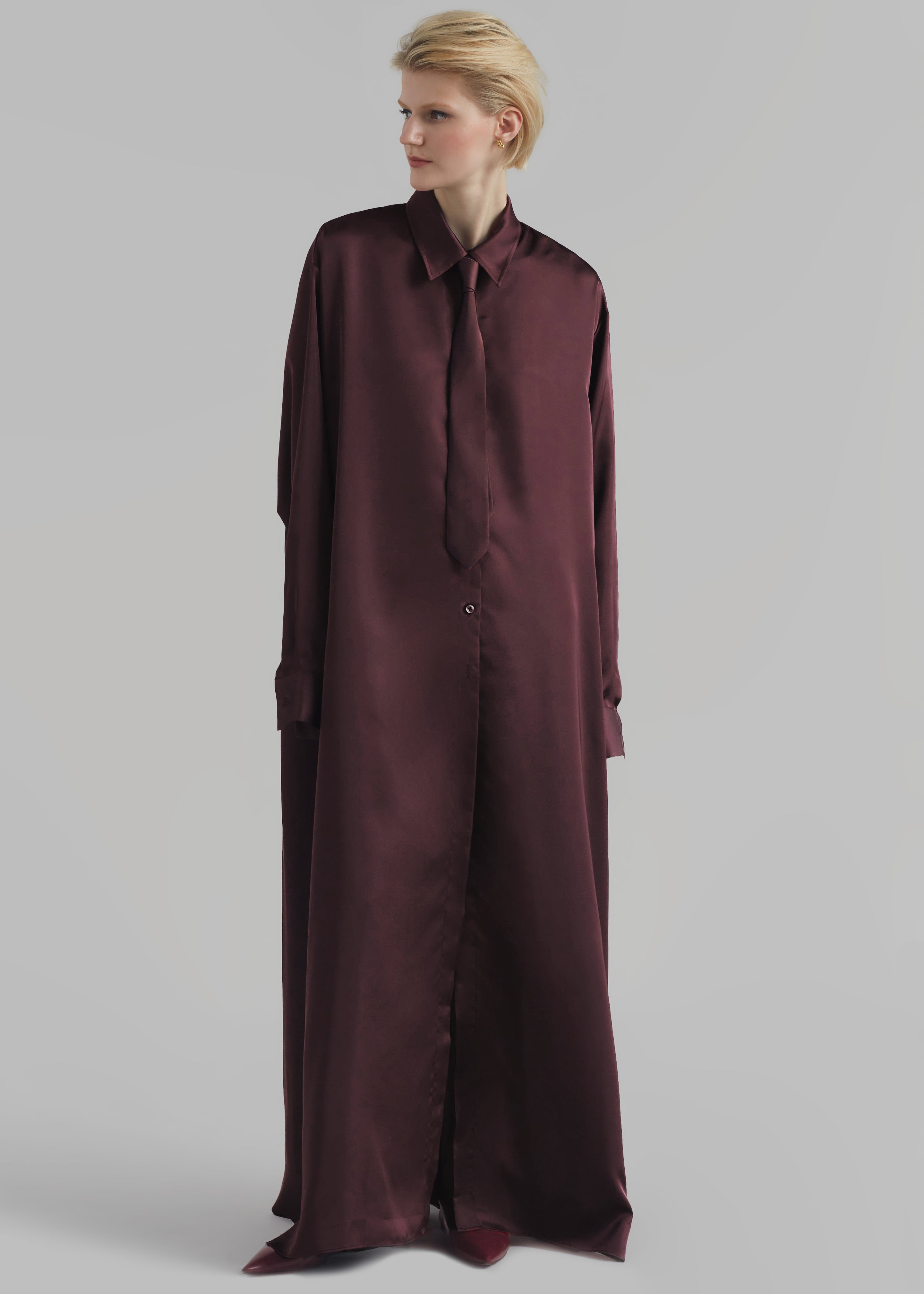Avery Satin Shirt Dress - Burgundy - 2
