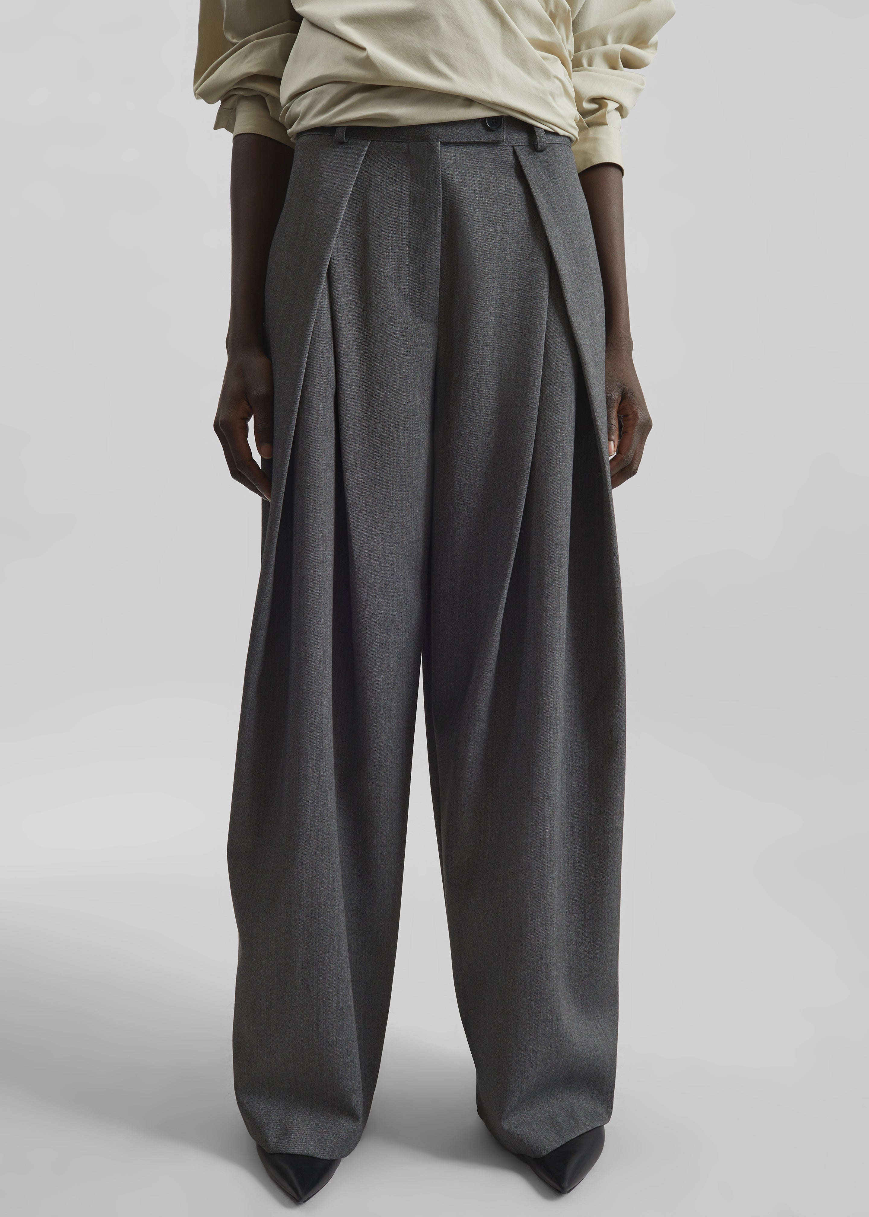 Darkpark Phebe Wide-Leg Japanese Light Wool Pants - Grey Melange