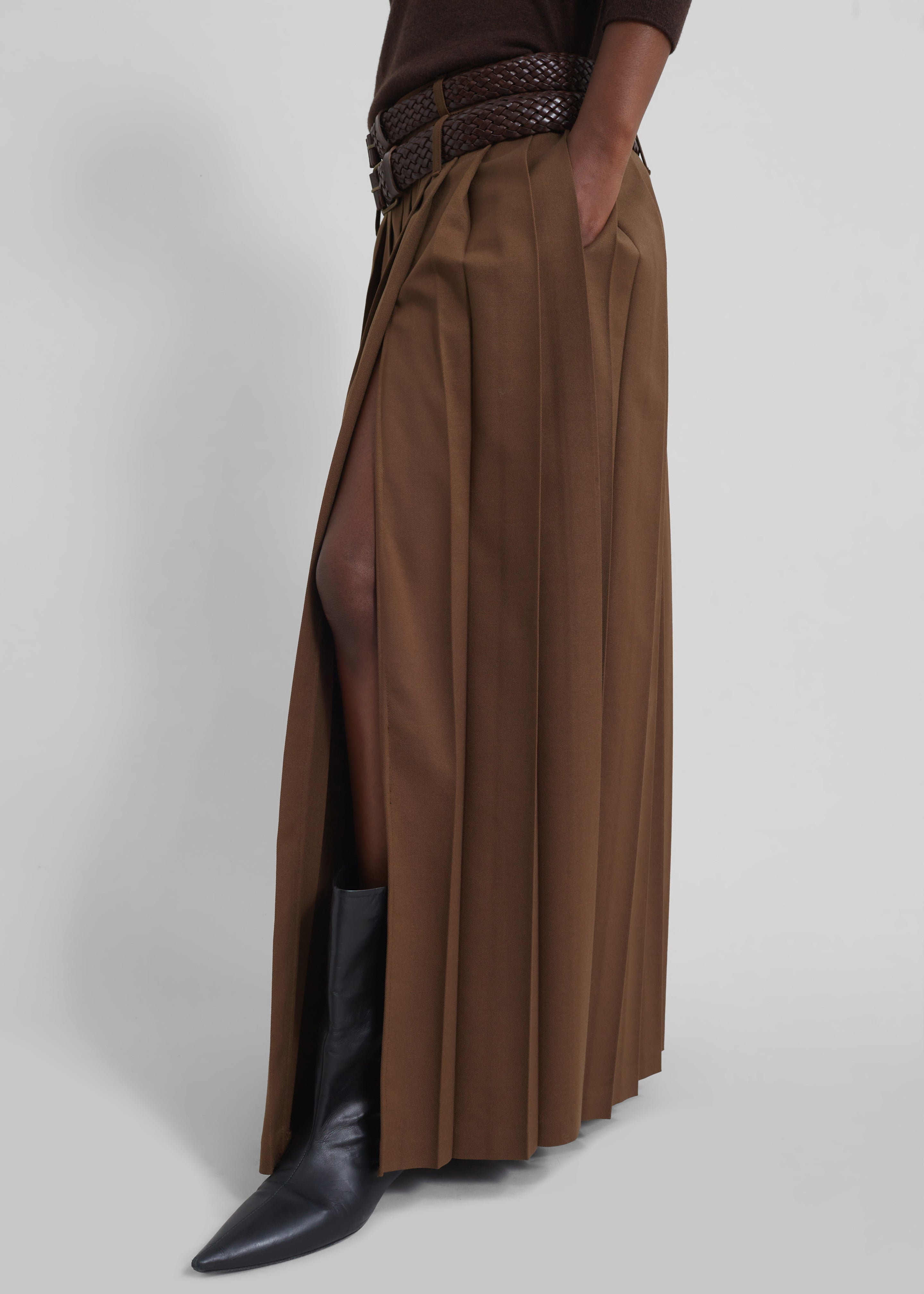 Bailey Long Pleated Skirt - Brown - 3