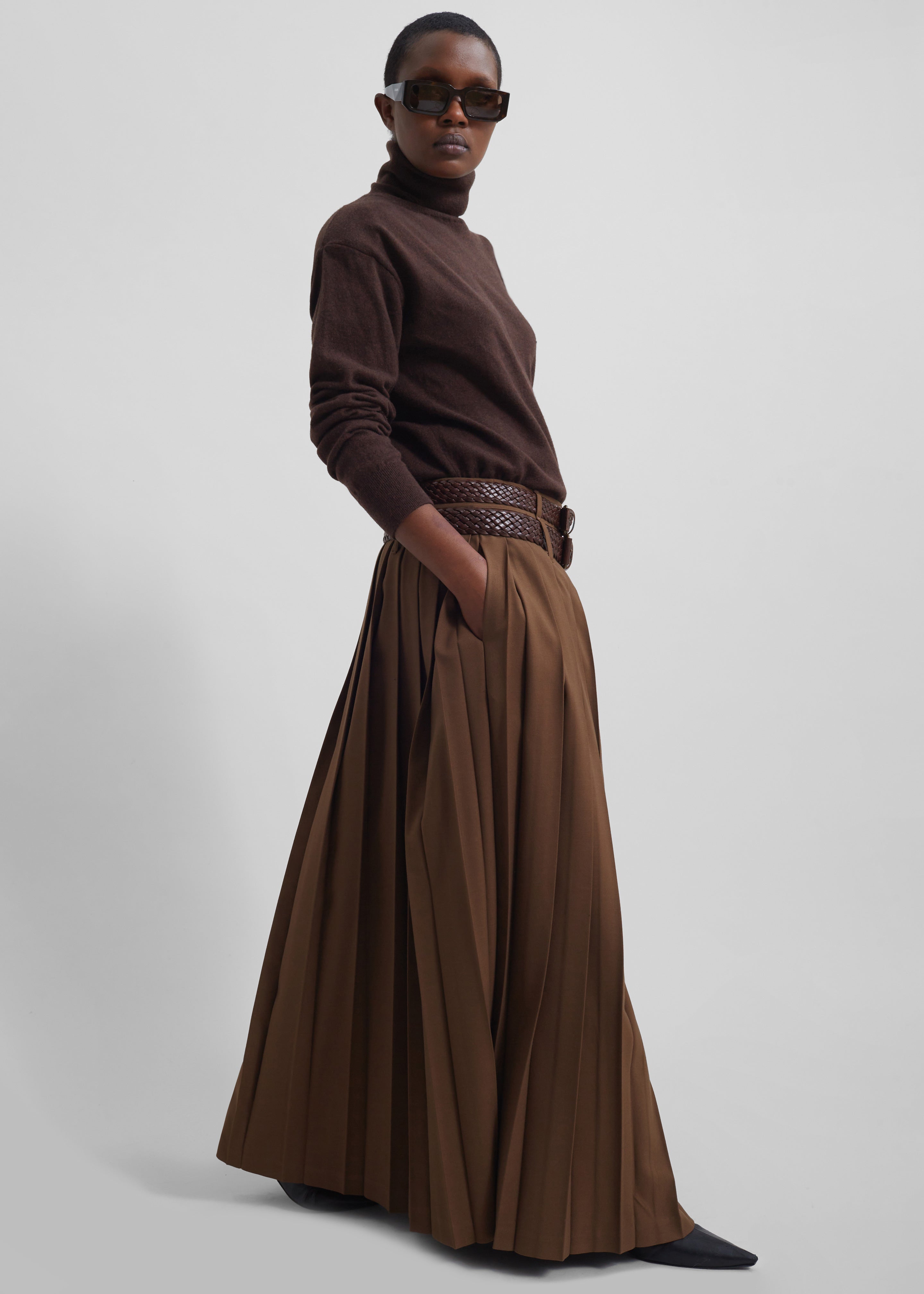 Bailey Long Pleated Skirt - Brown - 1
