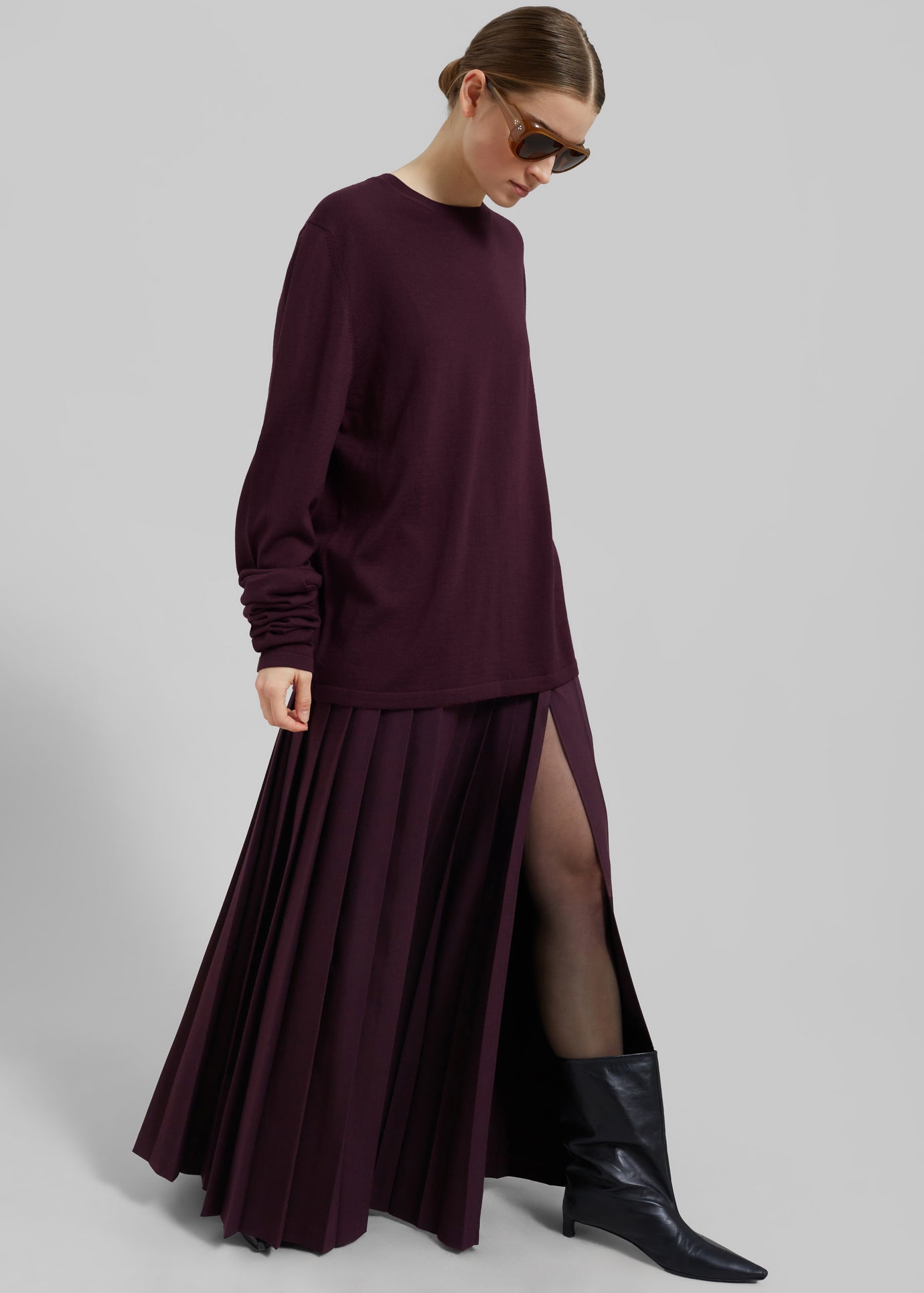 Bailey Long Pleated Skirt - Burgundy