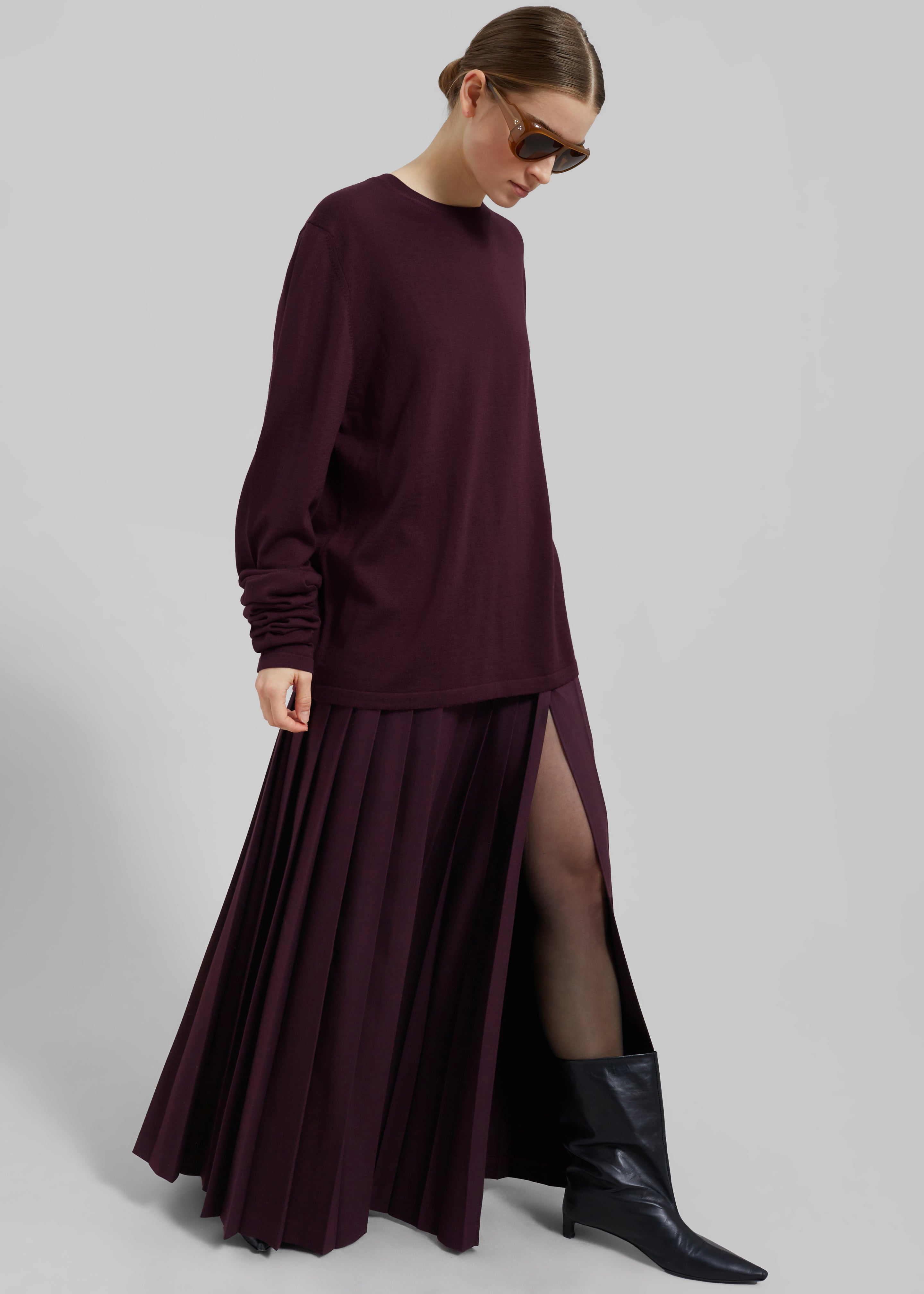 Bailey Long Pleated Skirt - Burgundy - 1
