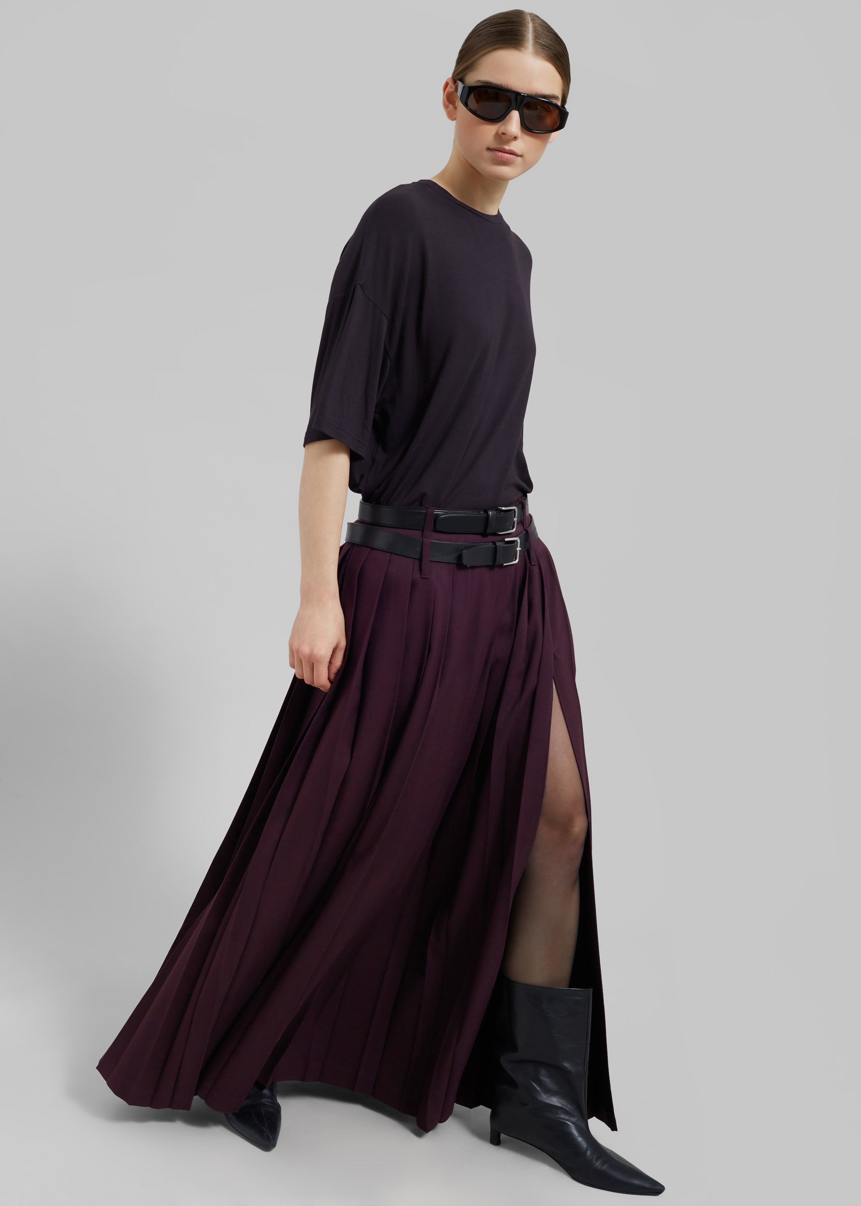 Bailey Long Pleated Skirt - Burgundy - 3