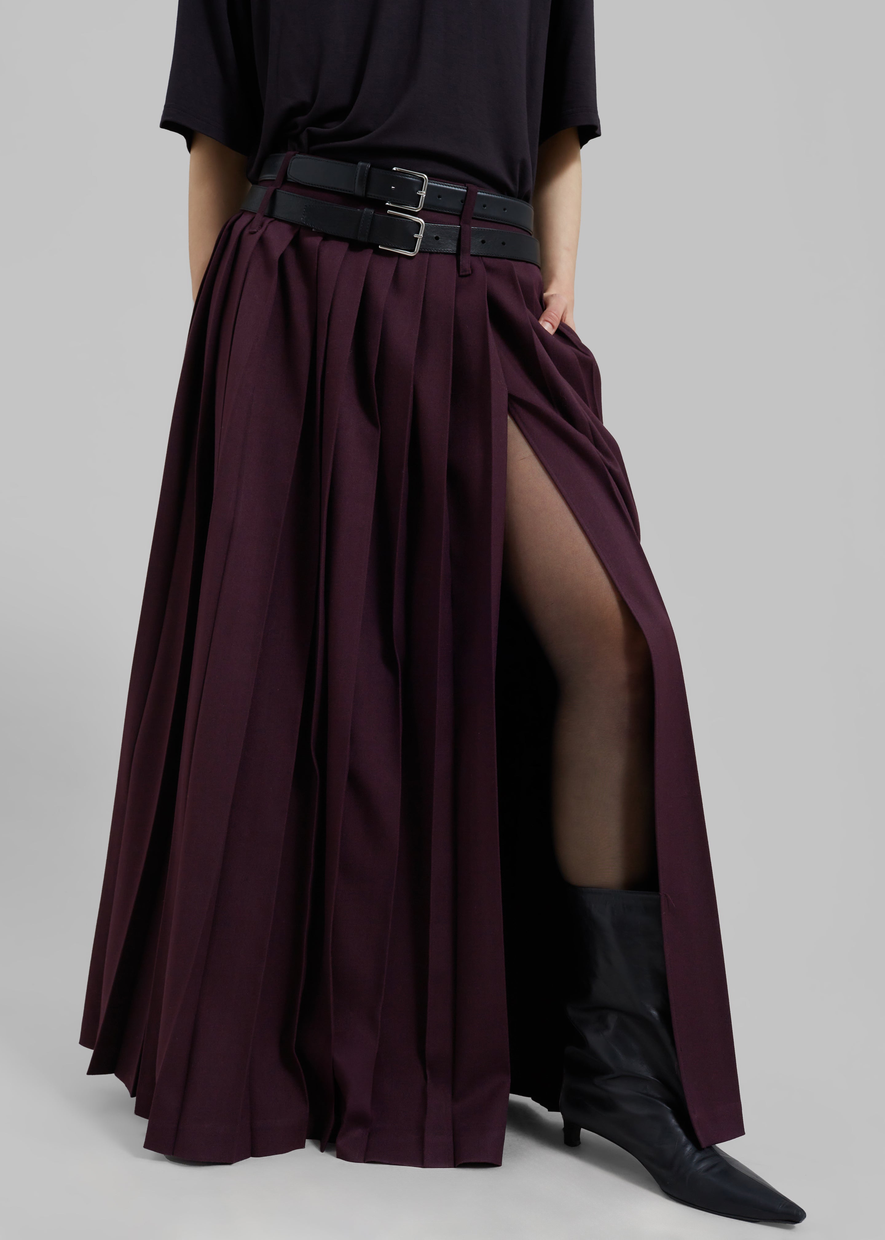 Bailey Long Pleated Skirt - Burgundy - 4