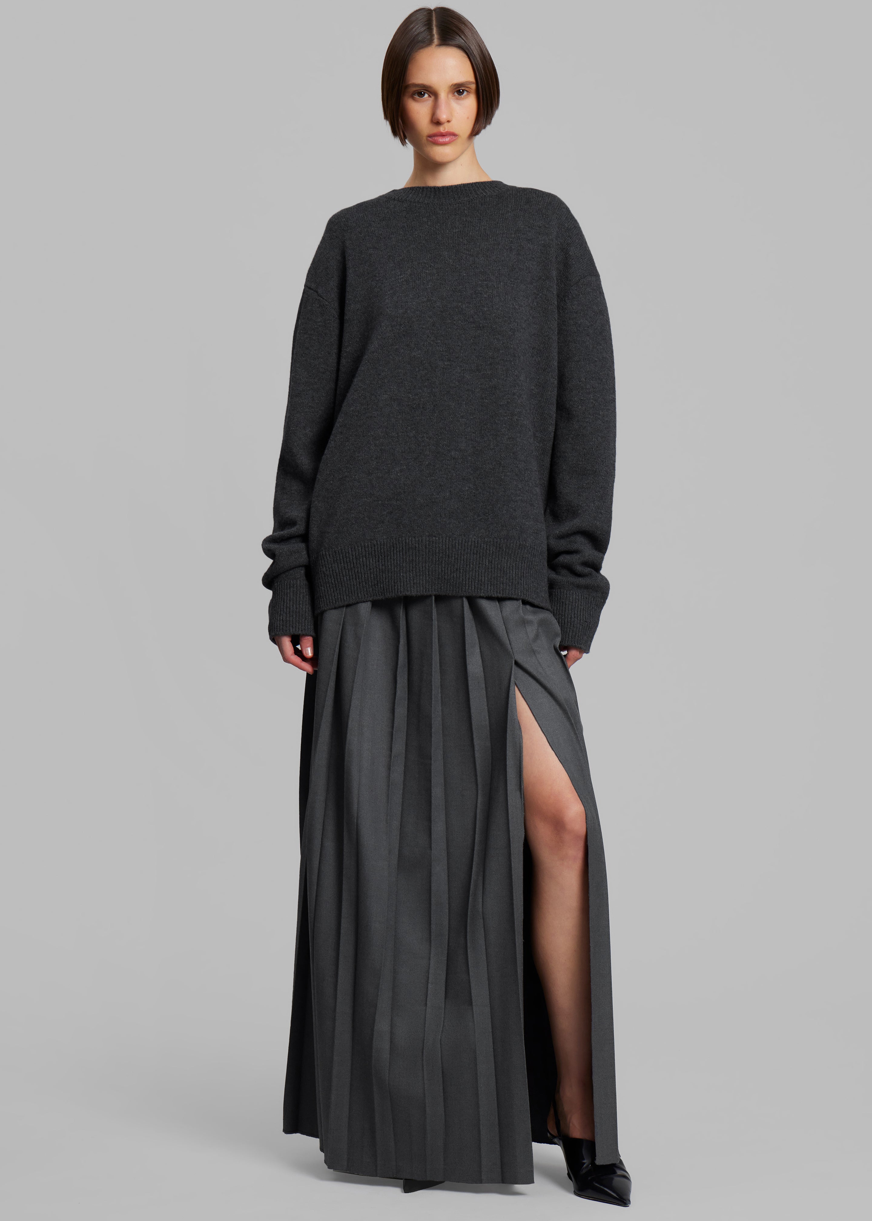 Bailey Long Pleated Skirt - Dark Grey Melange - 3