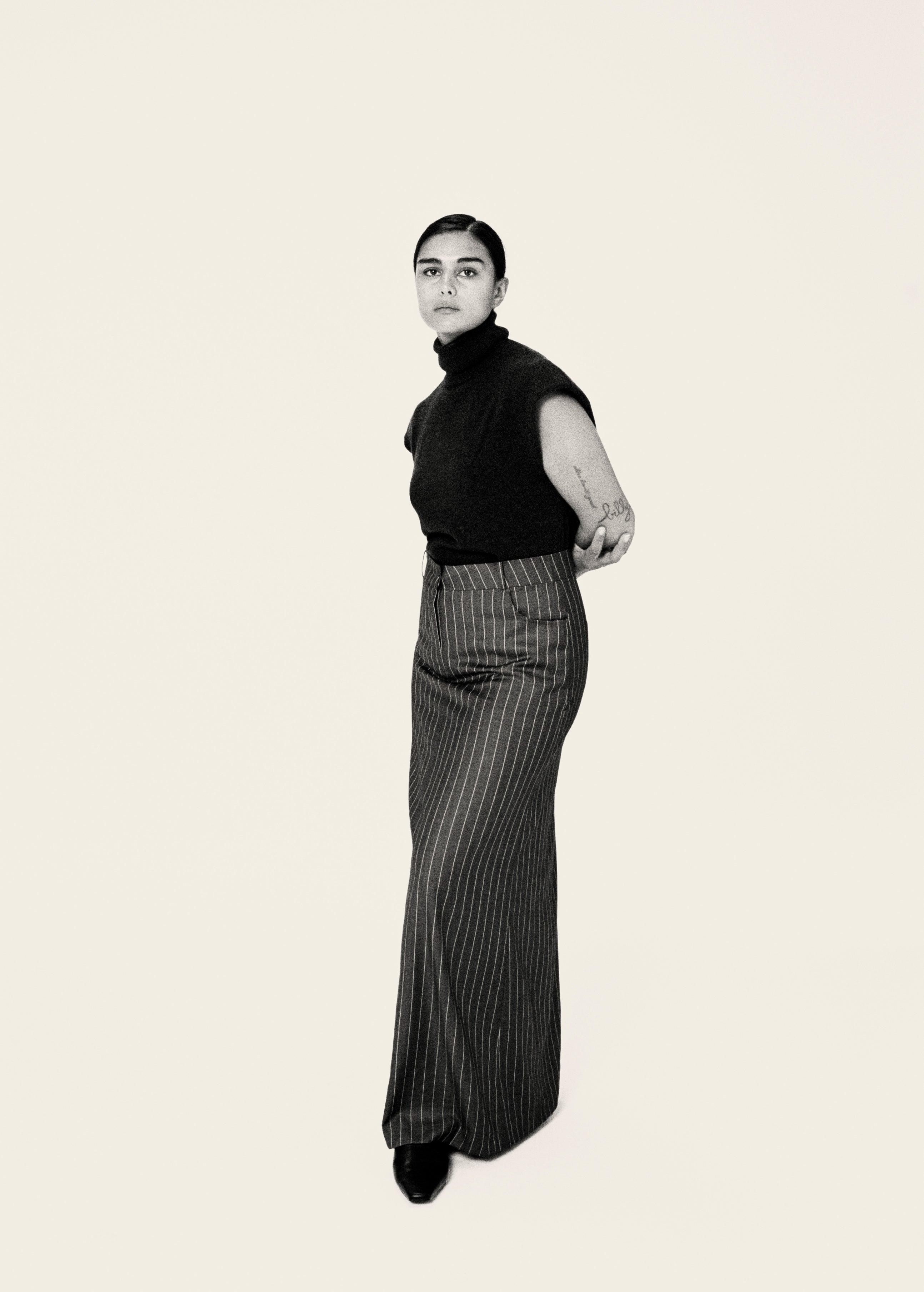 Model Jill Kortlevel photographed Letty Schmiterlow wearing The Frankie Shop F/W pencil skirt and top..