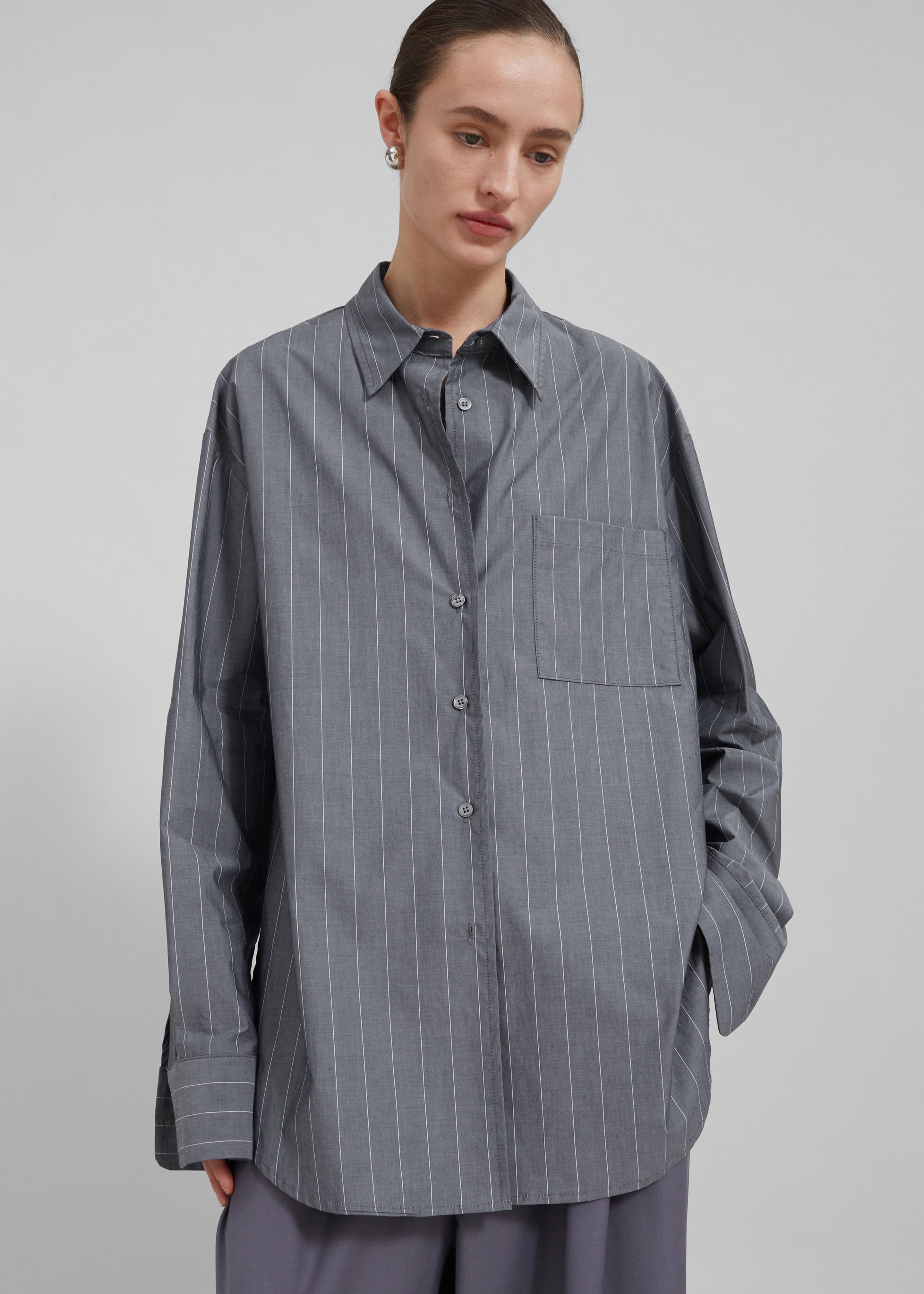 Beatrix Button Up Shirt - Grey/White Pinstripe - 5