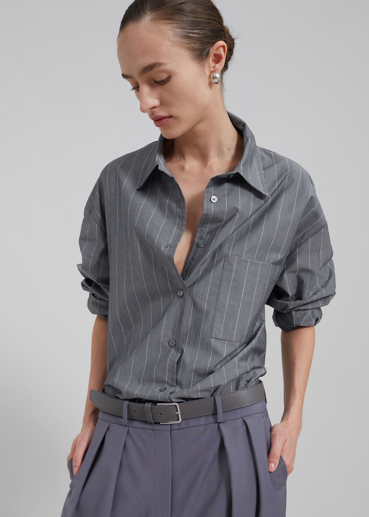 Beatrix Button Up Shirt - Grey/White Pinstripe The Frankie Shop Beatrix Button Up Shirt - Grey/White Pinstripe The Frankie Shop