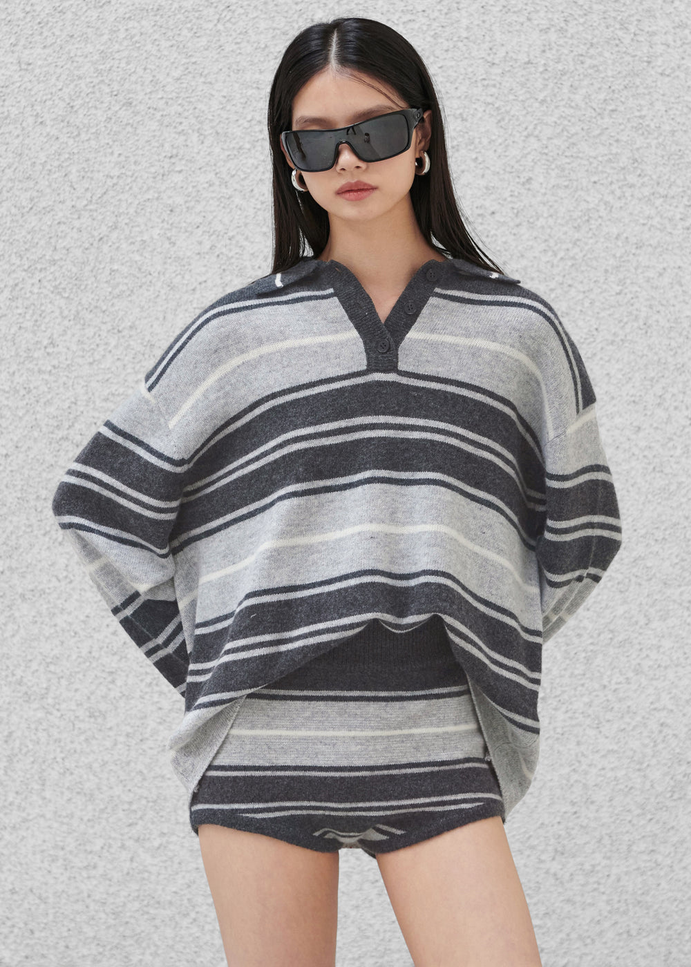 Belize Knit Polo Sweater - Grey Stripe