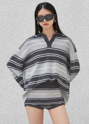 Belize Knit Polo Sweater - Grey Stripe