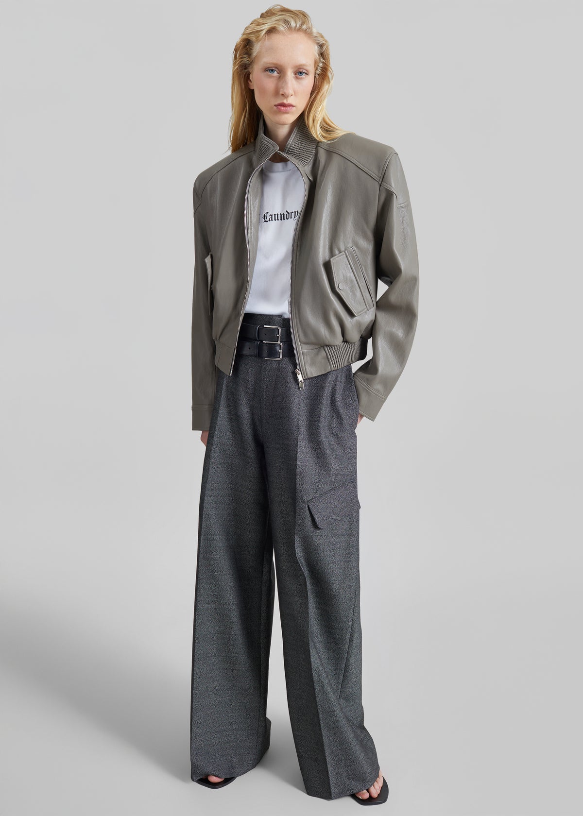 Belval Faux Leather Cropped Bomber Jacket - Grey