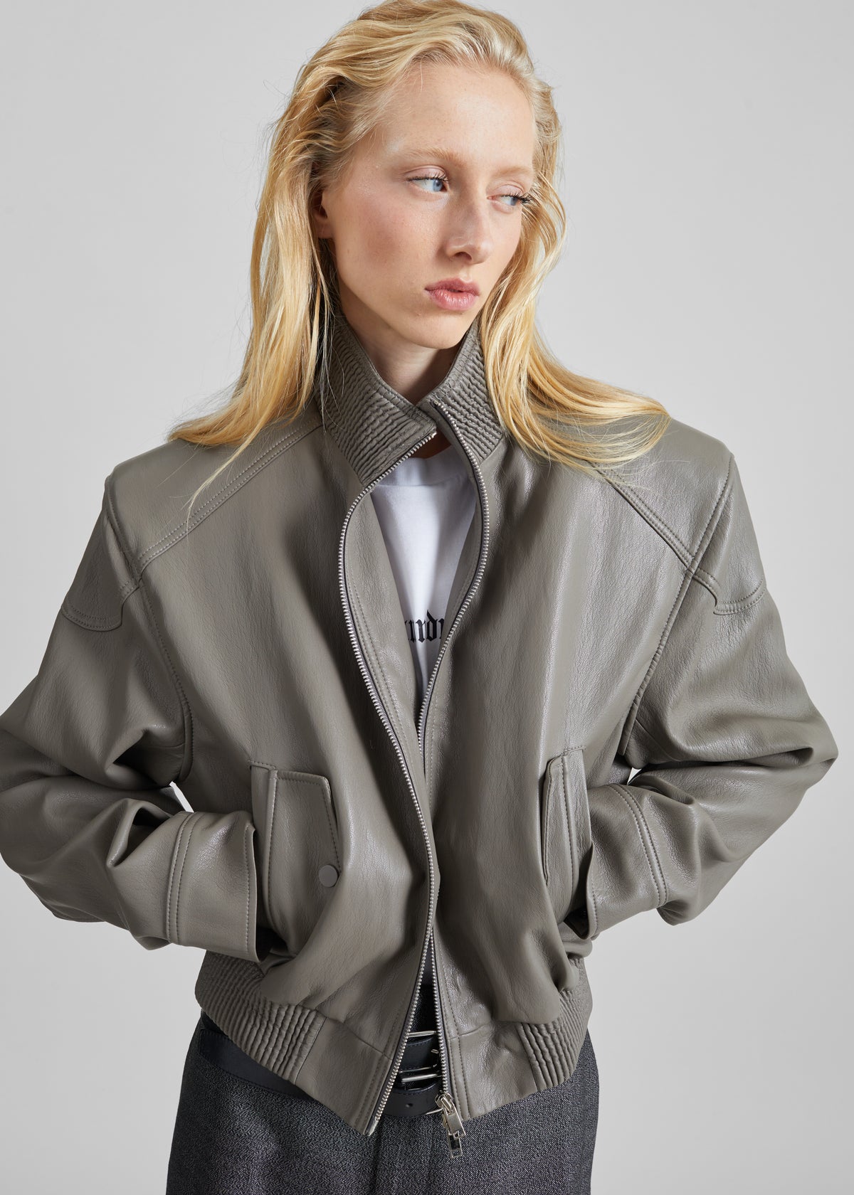 Belval Faux Leather Cropped Bomber Jacket - Grey