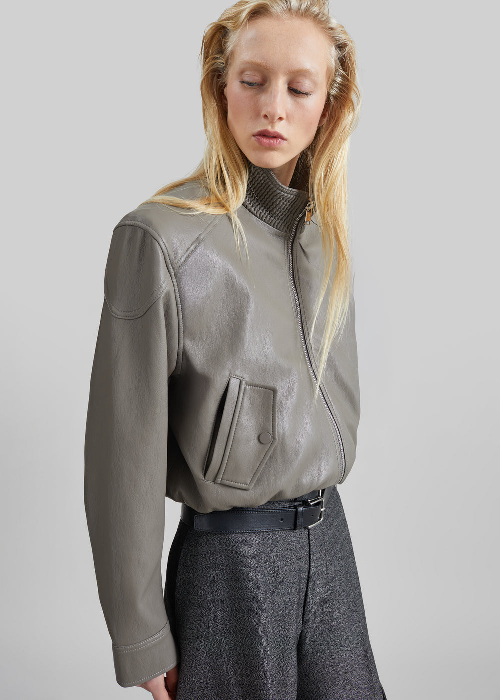 Belval Faux Leather Cropped Bomber Jacket - Grey - 1