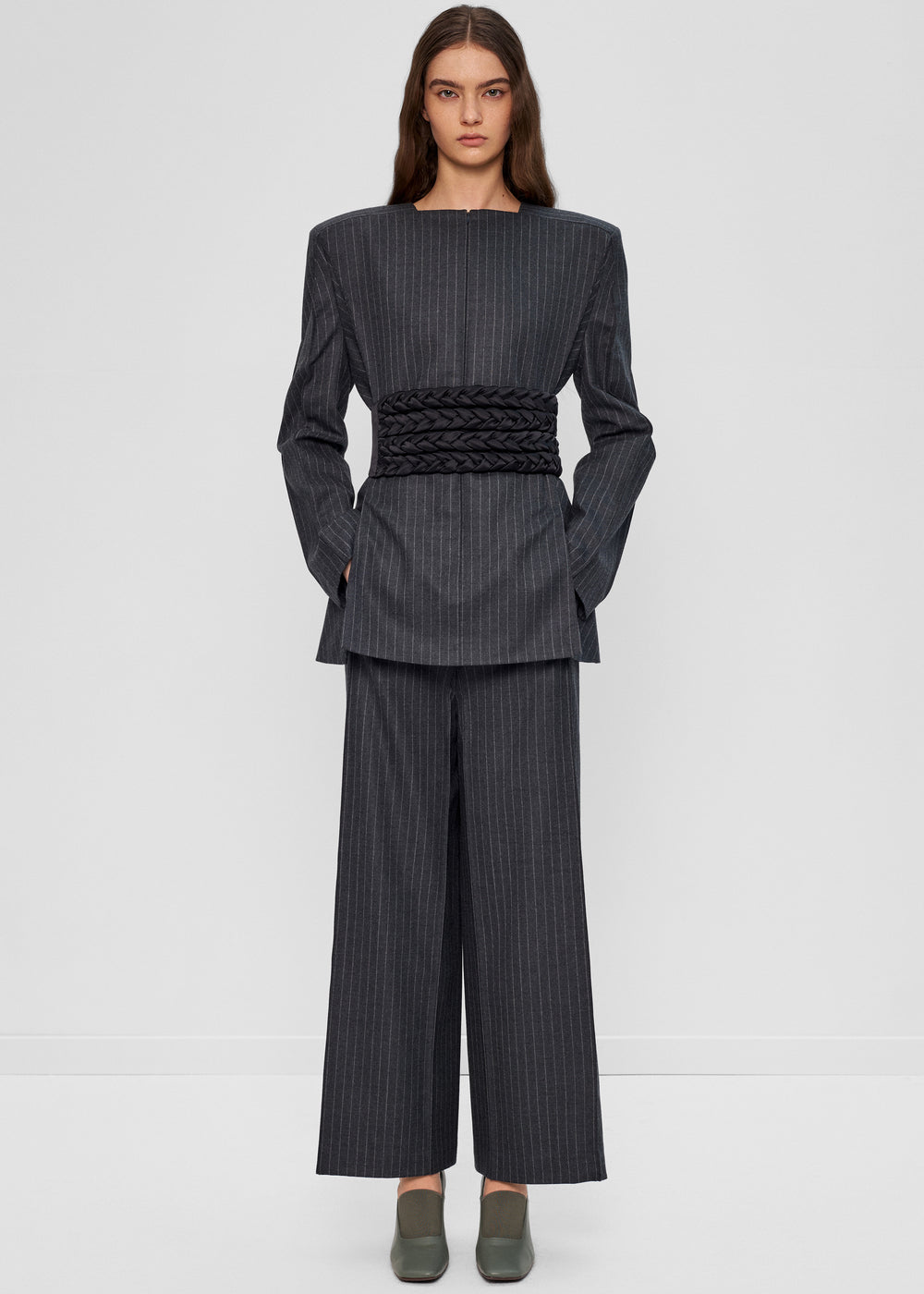 Bevza Pinstriped Blazer - Dark Grey - 1