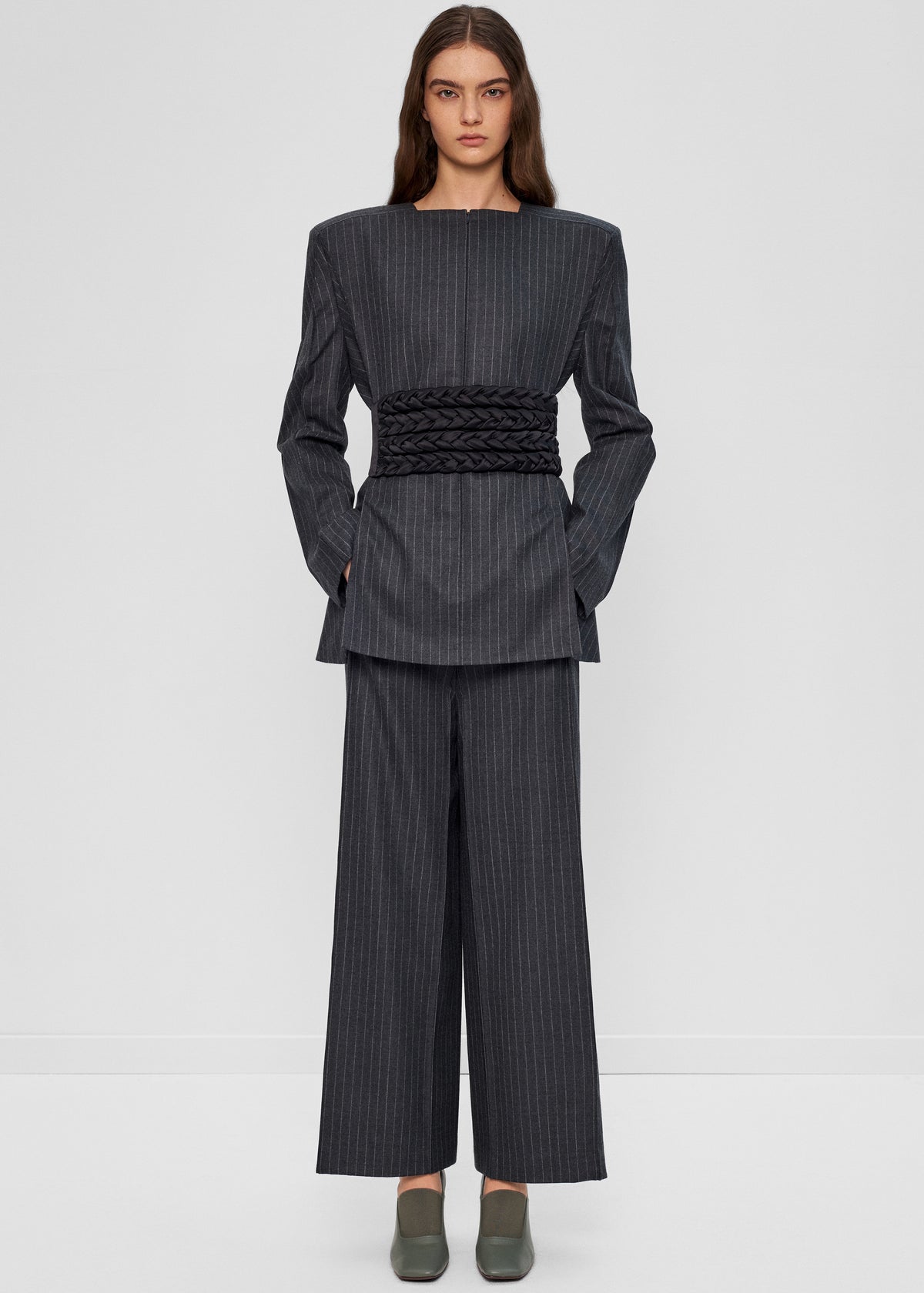 Bevza Pinstriped Blazer - Dark Grey - 2