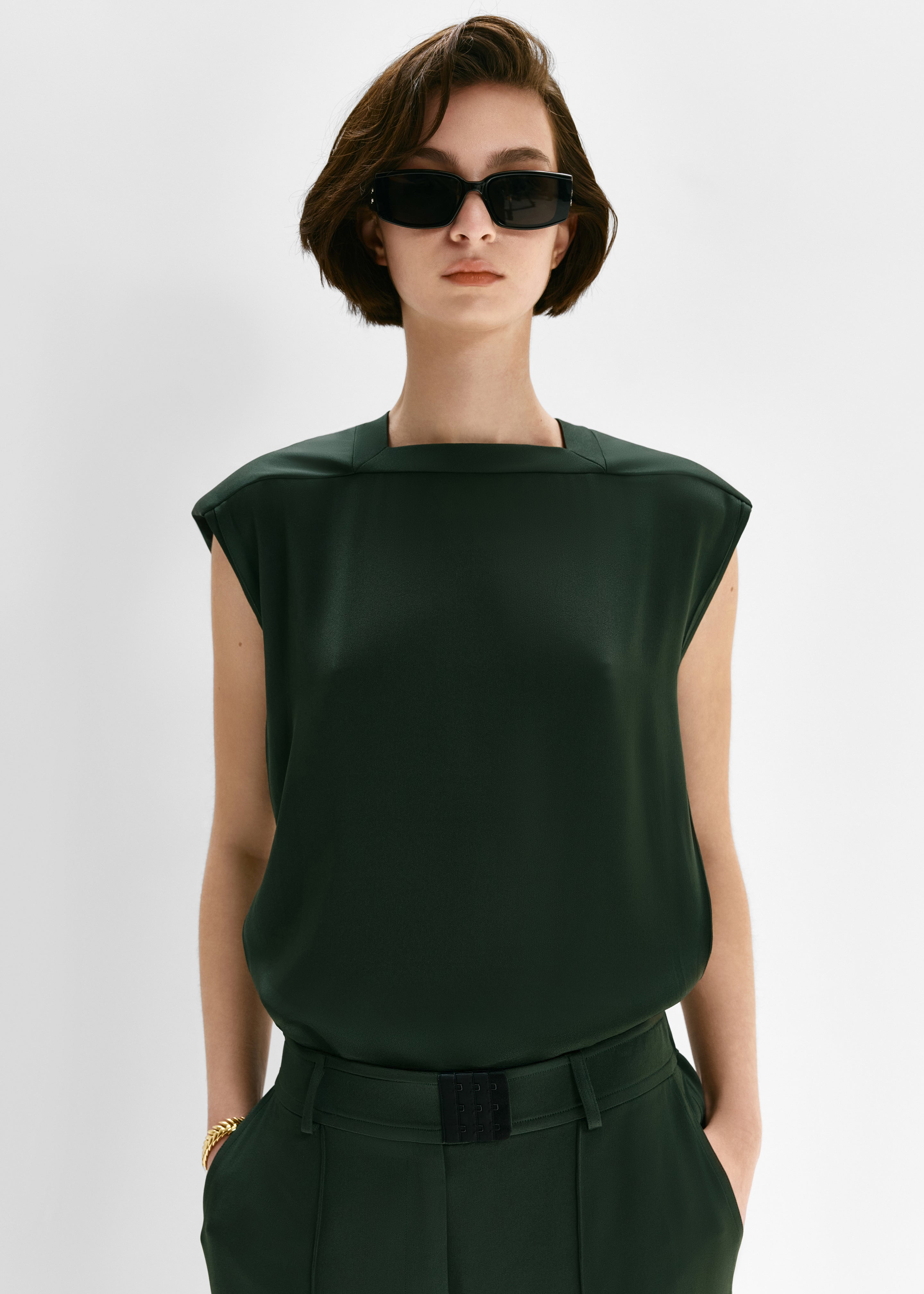 Bevza Square Neck Top - Dark Green - 4
