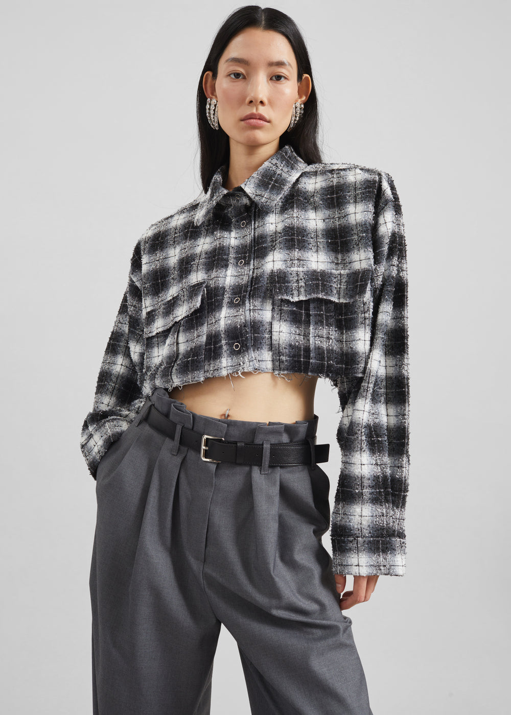Biasca Distressed Cropped Shirt - Black Plaid