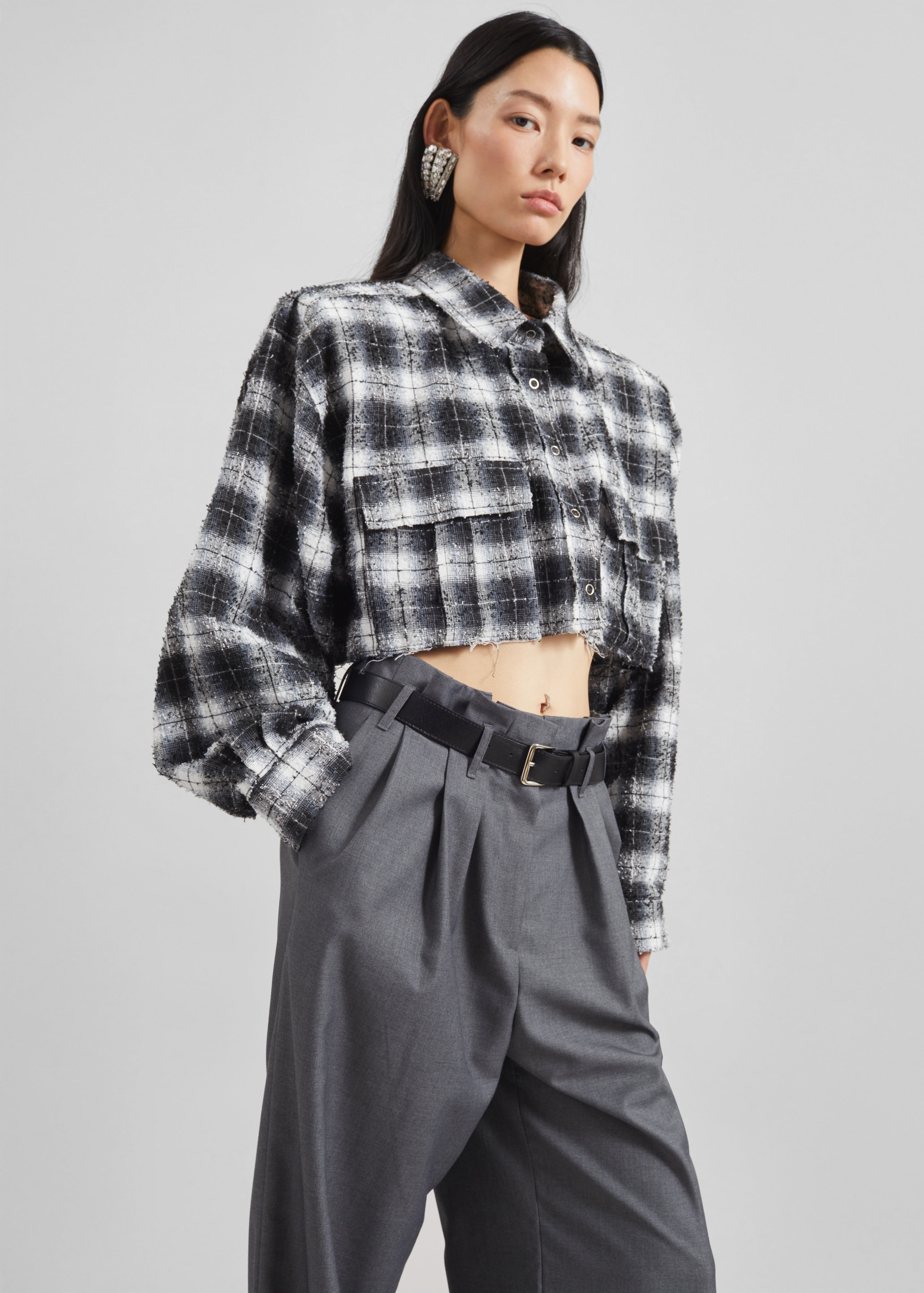 Biasca Distressed Cropped Shirt - Black Plaid - 6